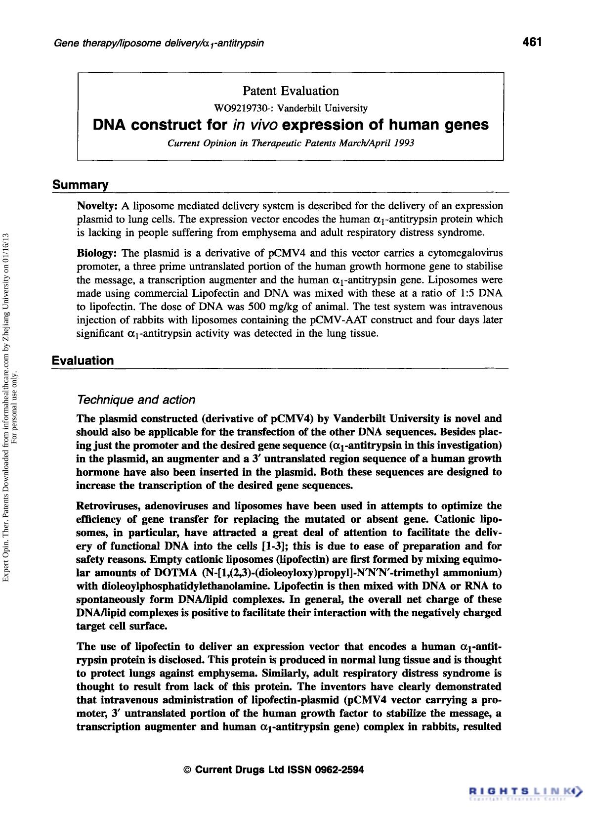 Patent Evaluation: DNA construct for in vivo expression of human genes by Unknown