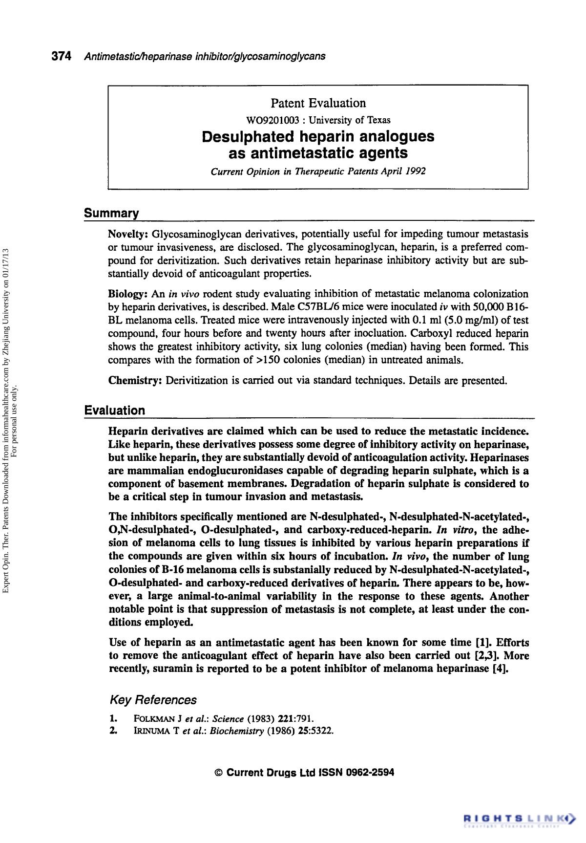 Patent Evaluation: Desulphated Heparin Analogues as Antimetastatic Agents by Unknown