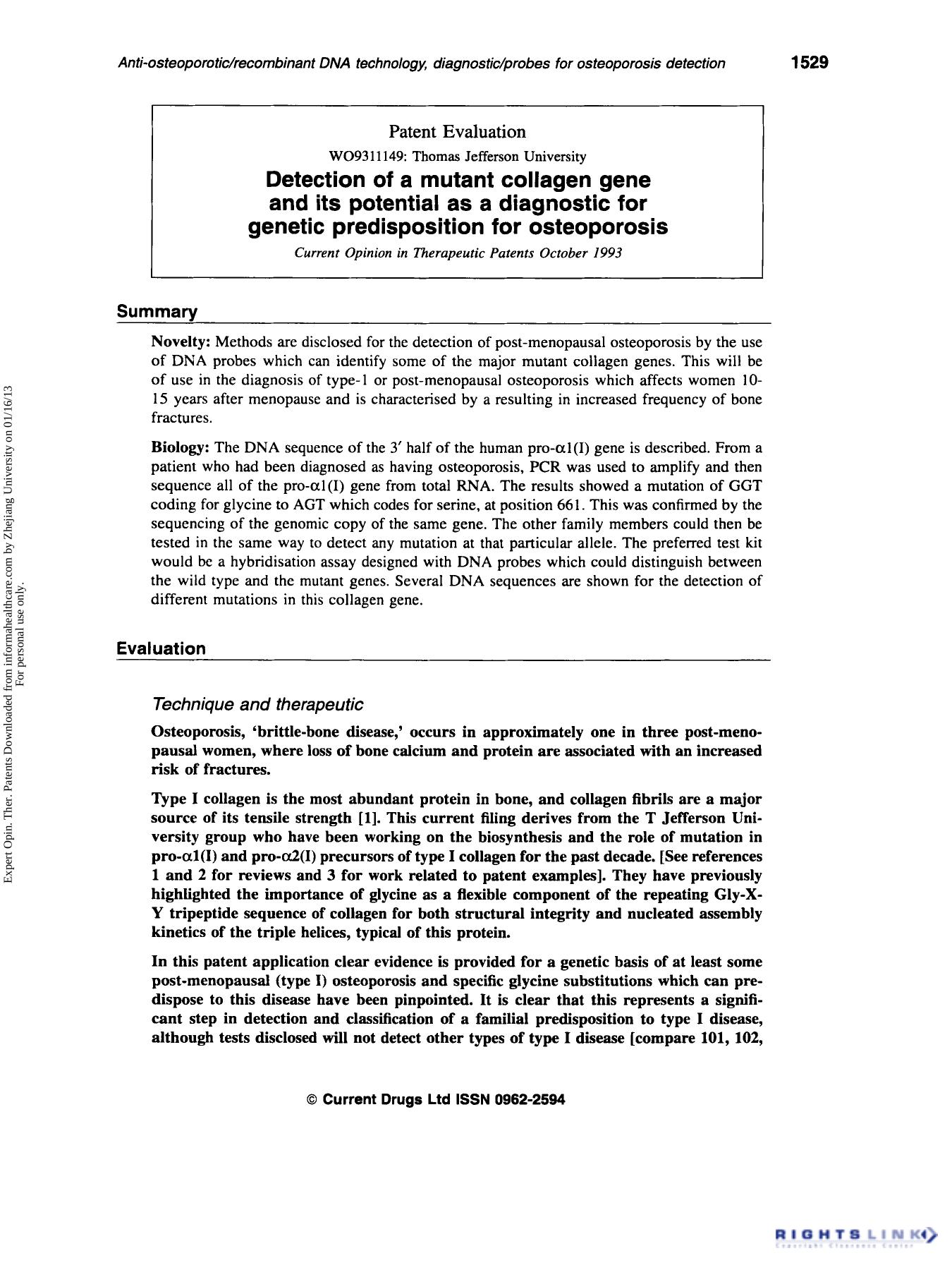 Patent Evaluation: Detection of a mutant collagen gene and its potential as a diagnostic for genetic predisposition for osteoporosis by Unknown