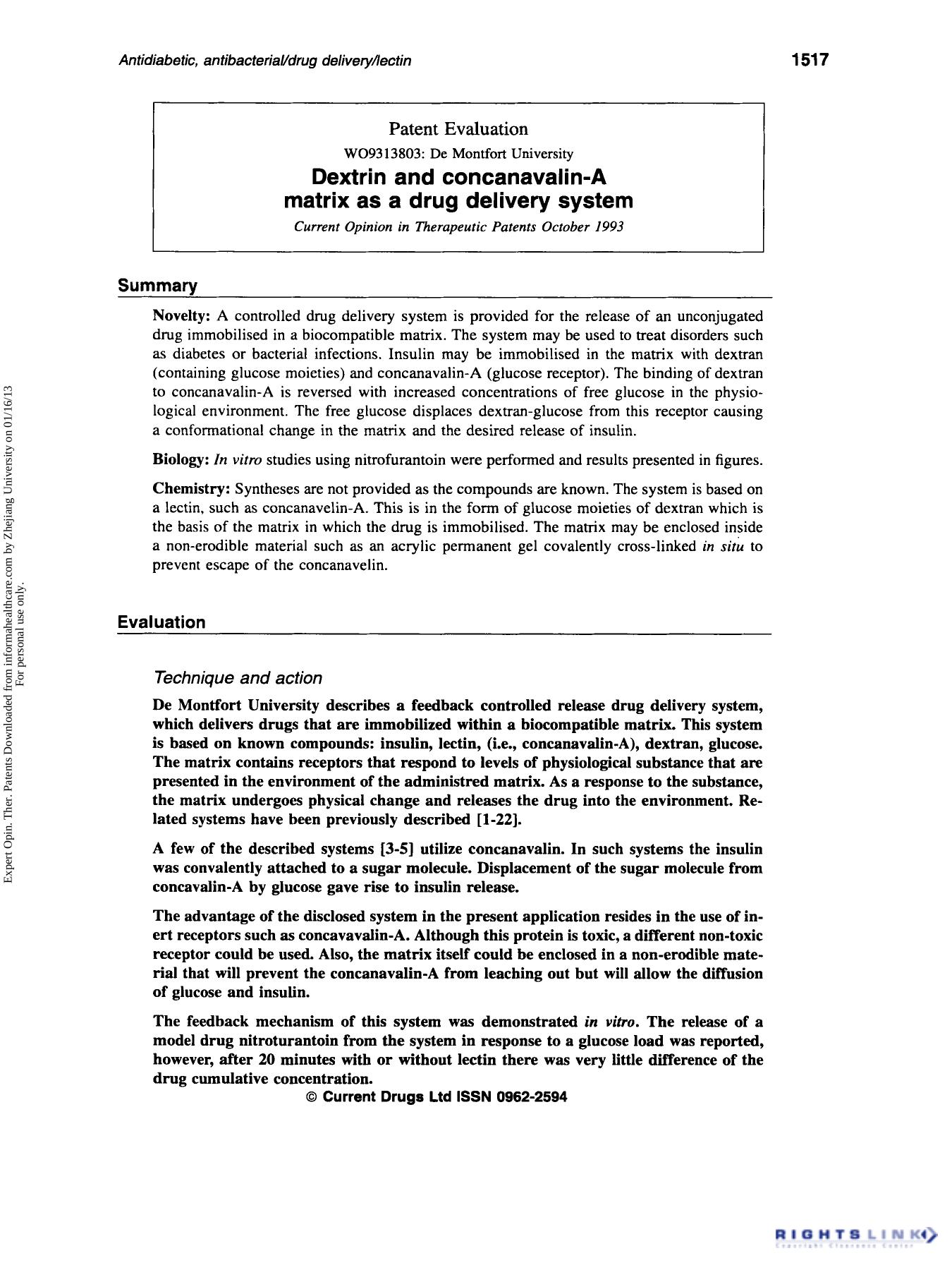 Patent Evaluation: Dextrin and concanavalin-A matrix as a drug delivery system by Unknown