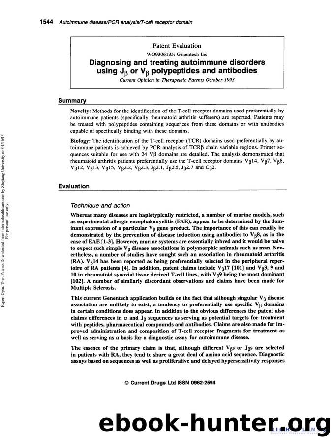 Patent Evaluation: Diagnosing and treating autoimmune disorders using JÎ² or VÎ² polypeptides and antibodies by Unknown