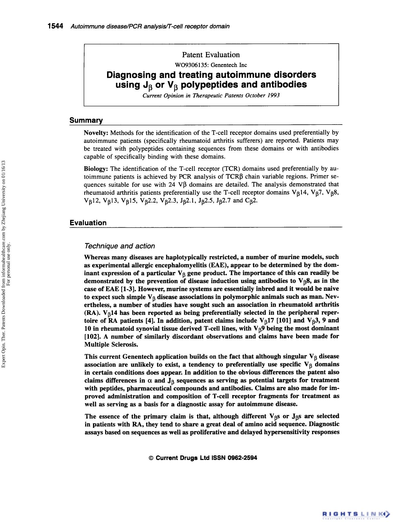Patent Evaluation: Diagnosing and treating autoimmune disorders using Jβ or Vβ polypeptides and antibodies by Unknown
