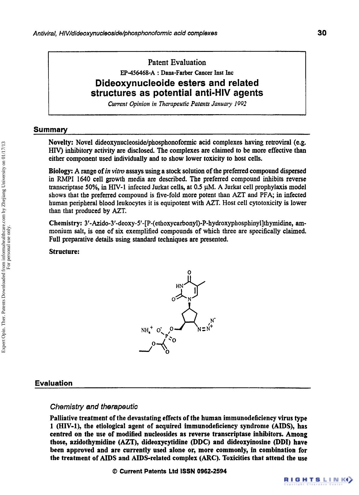Patent Evaluation: Dideoxynucleoide Esters and Related Structures as Potential Anti-HIV Agents by Unknown