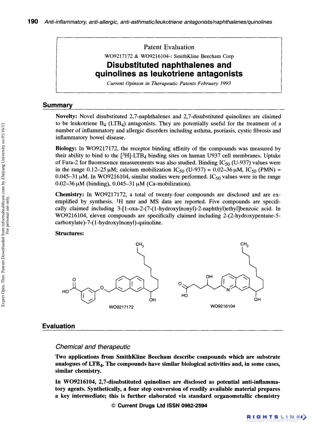 Patent Evaluation: Disubstituted naphthalenes and quinolines as leukotriene antagonists by Unknown