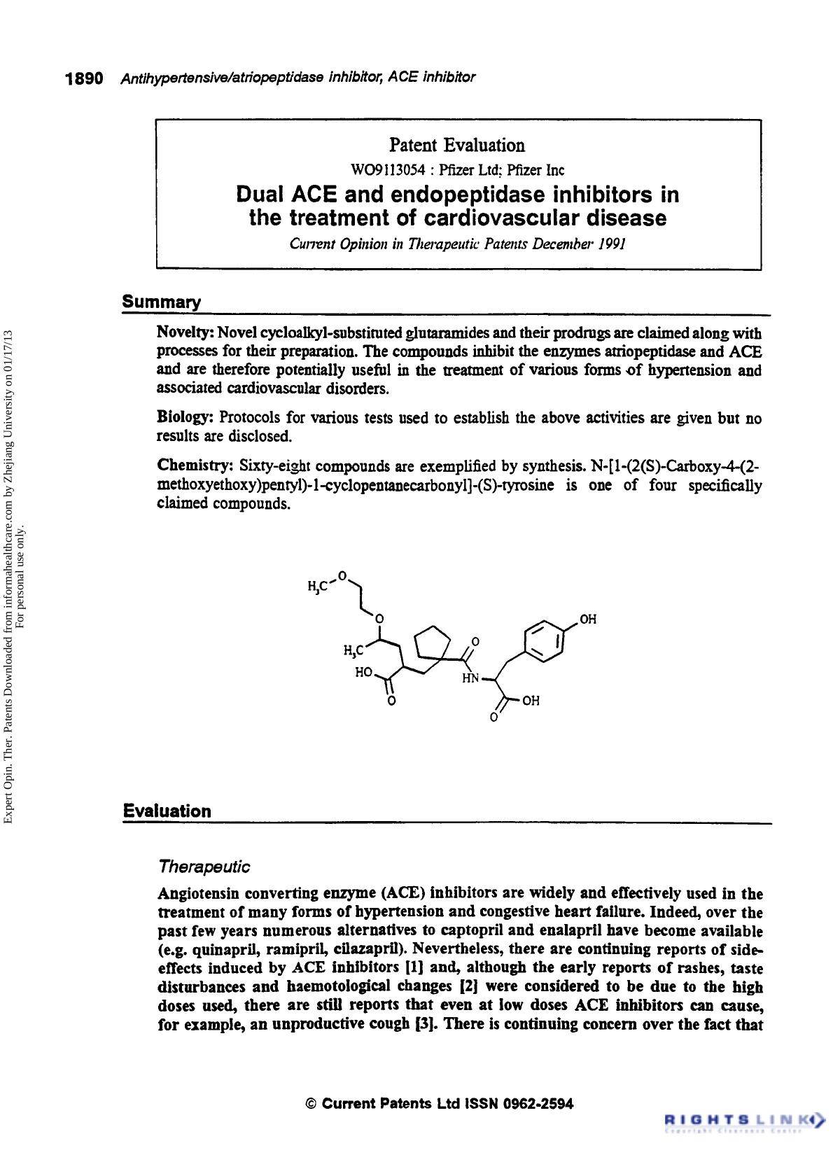 Patent Evaluation: Dual ACE and Endopeptidase Inhibitors in the Treatment of Cardiovascular Disease by Unknown