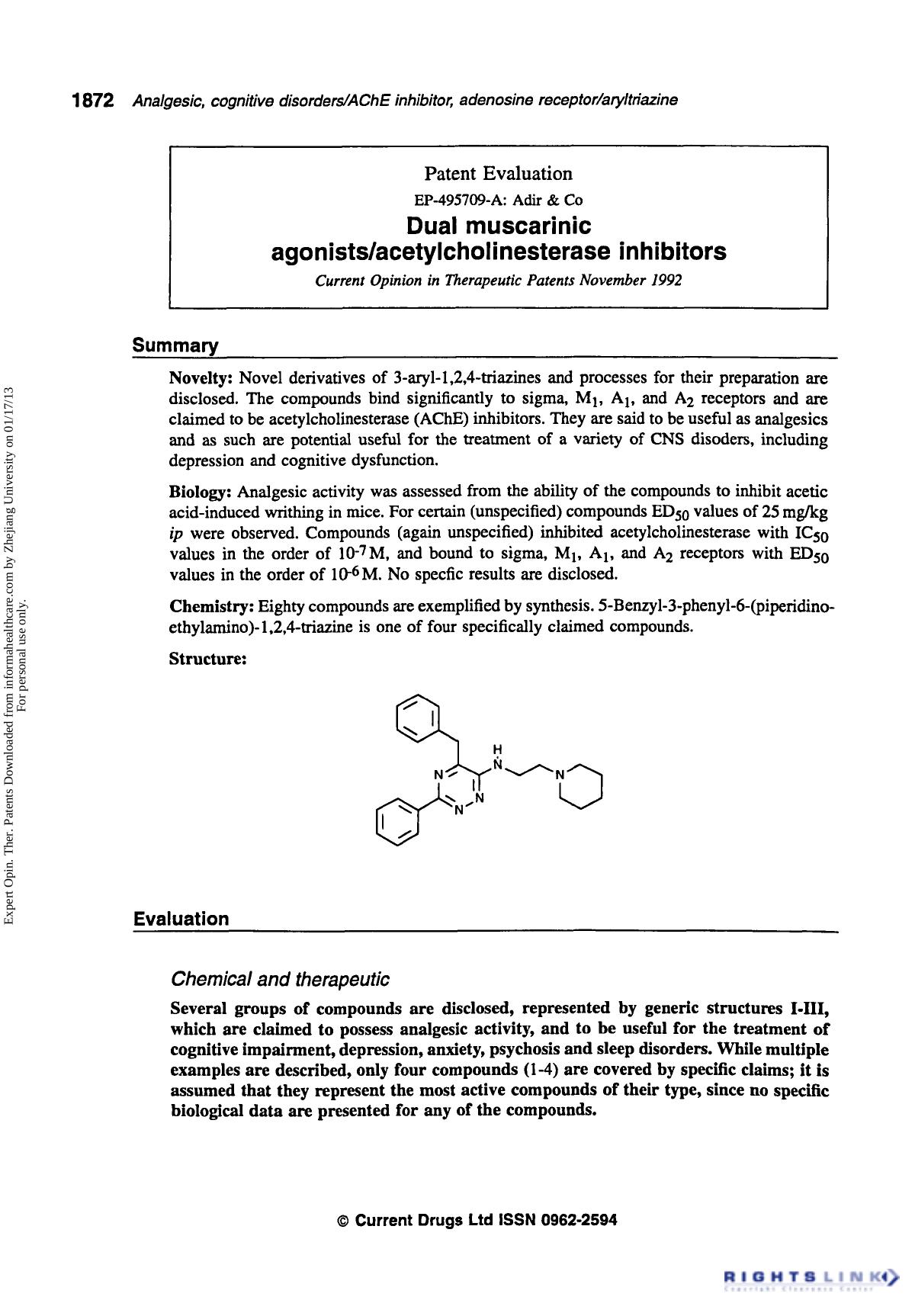 Patent Evaluation: Dual Muscarinic AgonistsAcetylcholinesterase Inhibitors by Unknown