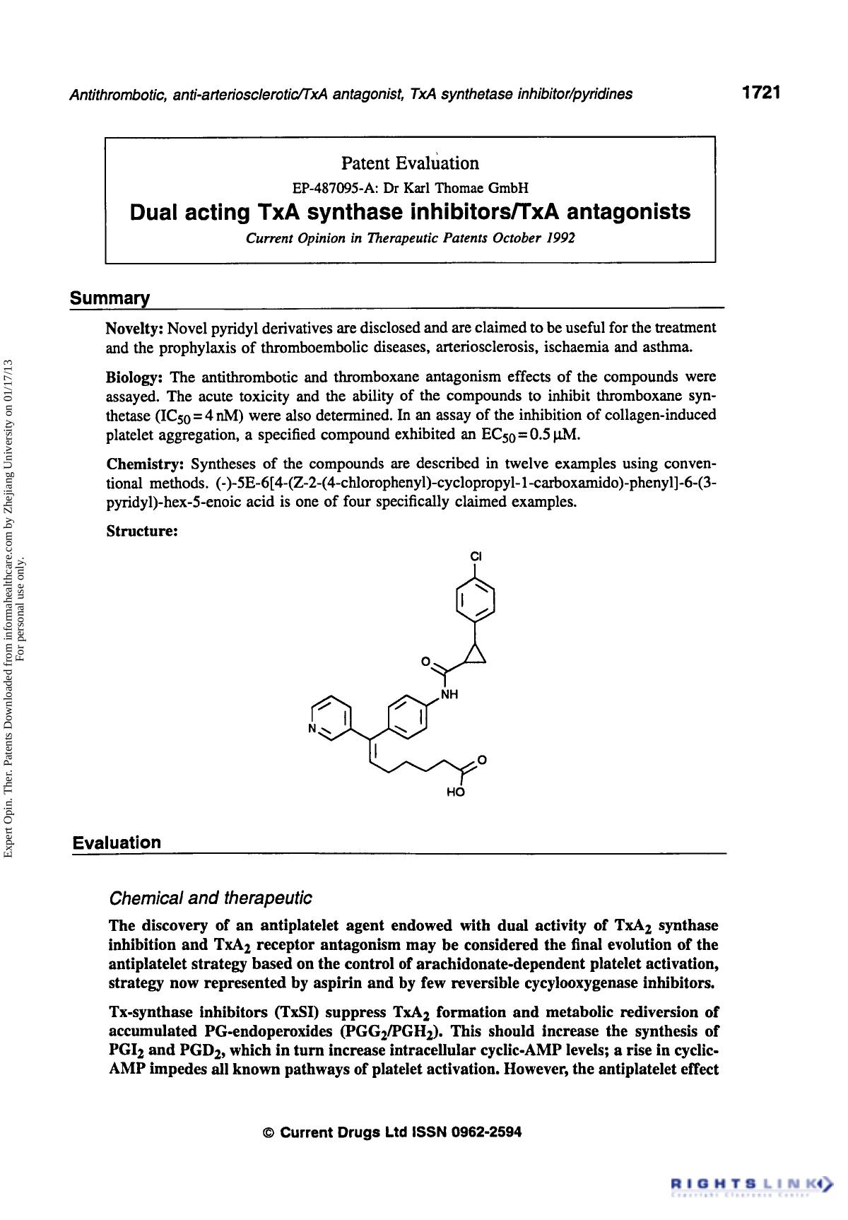 Patent Evaluation: Dual acting TxA Synthase InhibitorsTxA Antagonists by Unknown