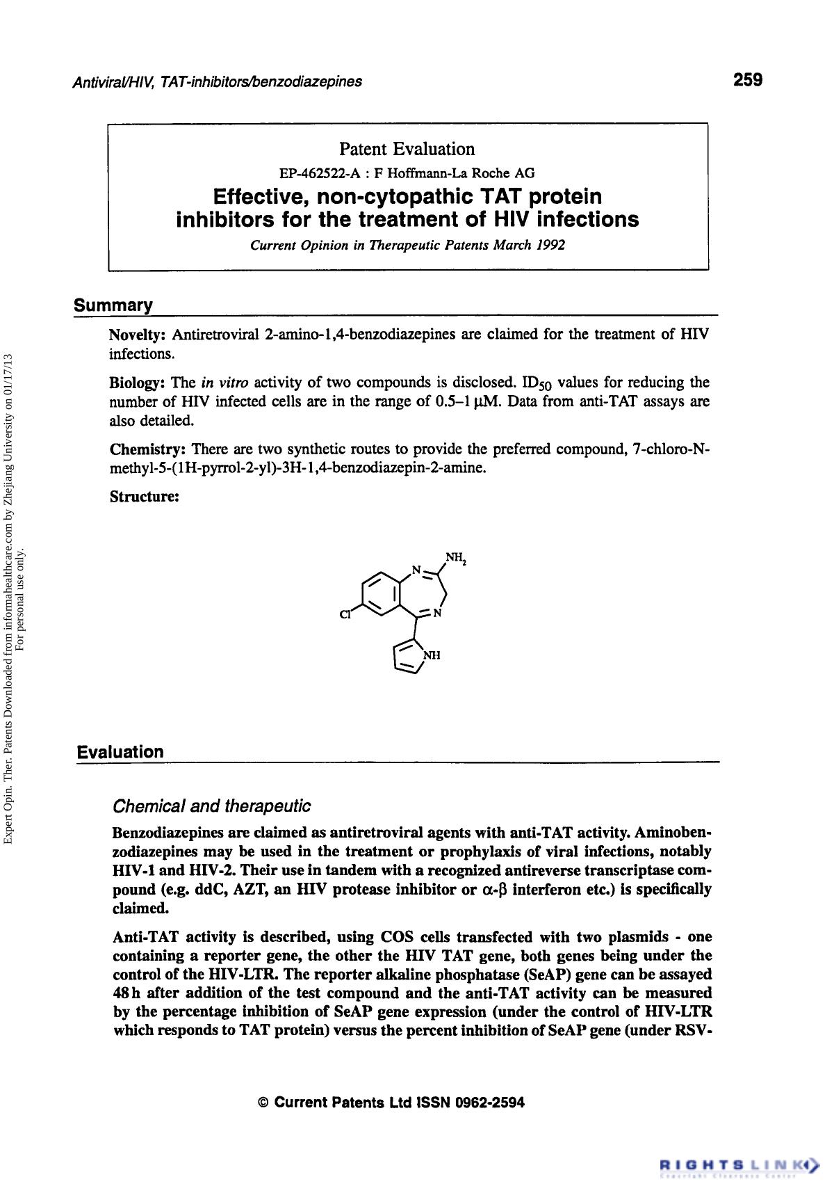 Patent Evaluation: Effective, non-cytopathic TAT protein inhibitors for the treatment of HIV infections by Unknown