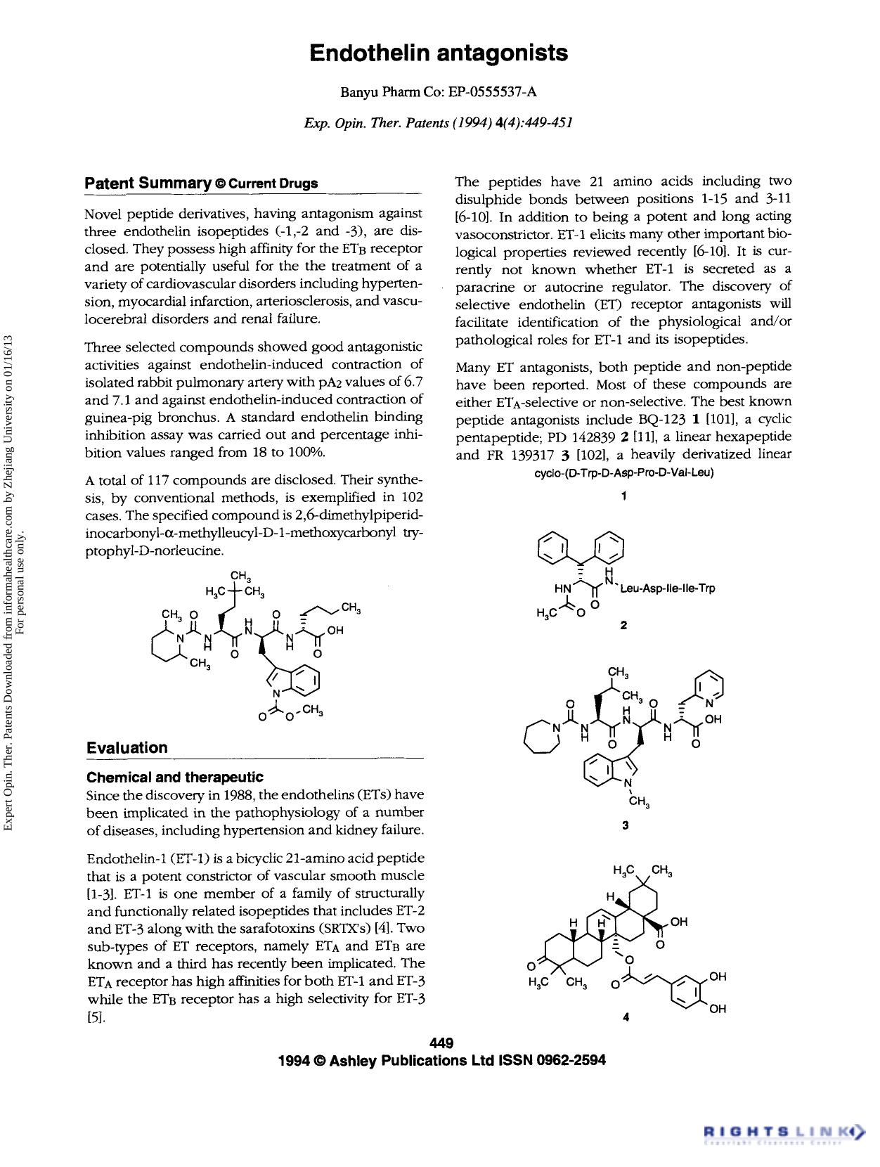 Patent Evaluation: Endothelin antagonists by Unknown