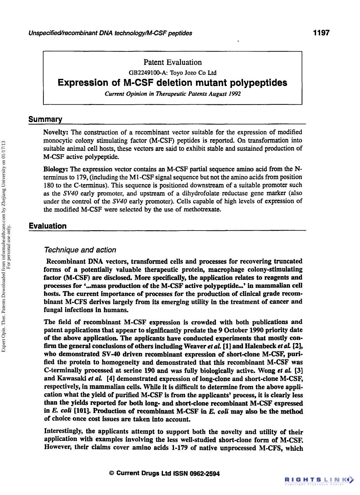 Patent Evaluation: Expression of M-CSF Deletion Mutant Polypeptides by Unknown
