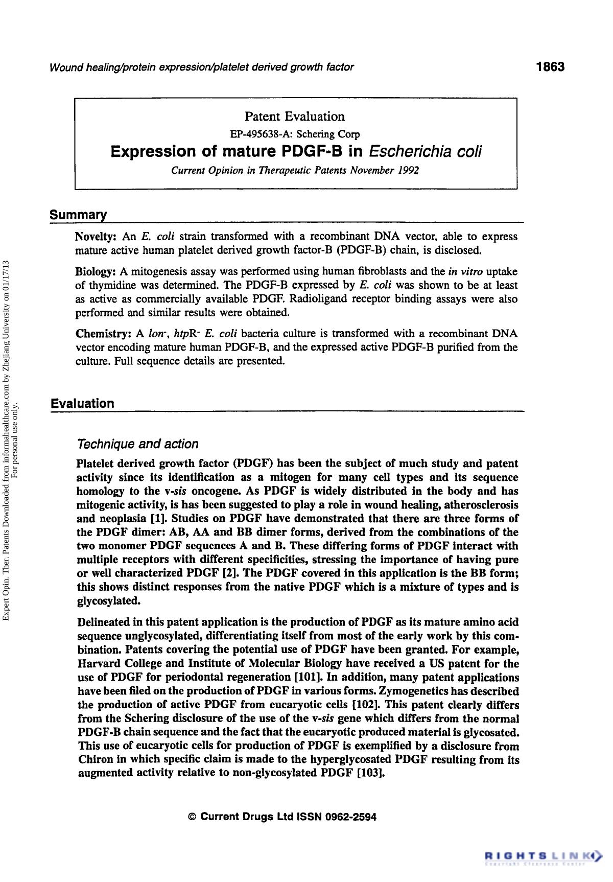 Patent Evaluation: Expression of Mature PDGF-B in Escherichia Coli by Unknown