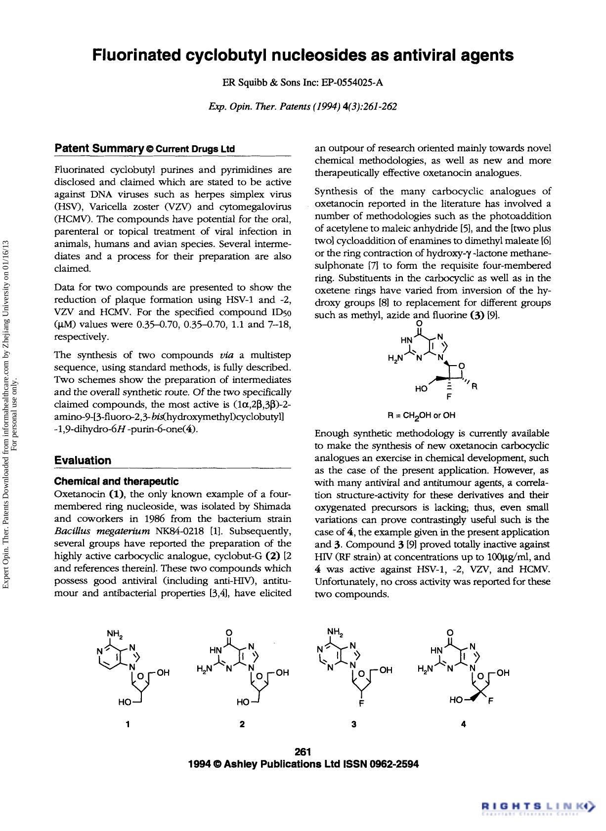 Patent Evaluation: Fluorinated cyclobutyl nucleosides as antiviral agents by Unknown
