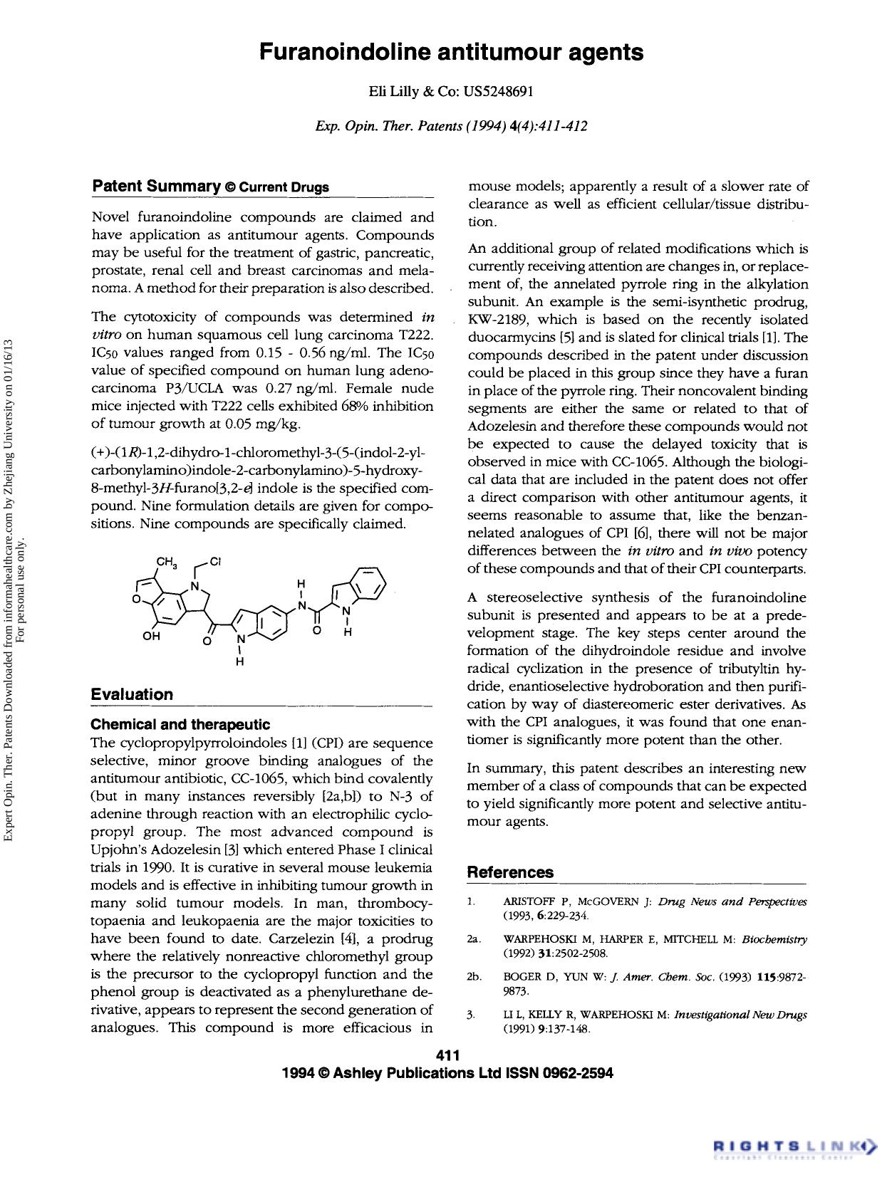 Patent Evaluation: Furanoindotine antitumour agents by Unknown