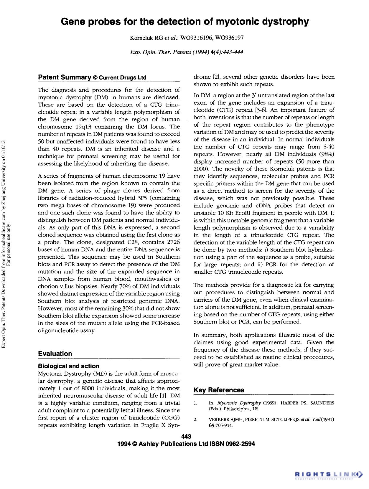 Patent Evaluation: Gene probes for the detection of myotonic dystrophy by Unknown
