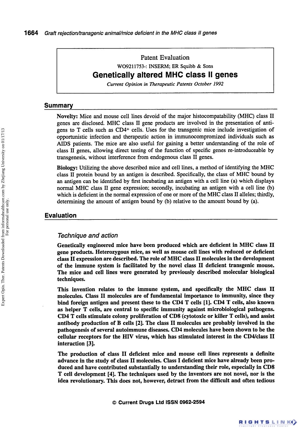 Patent Evaluation: Genetically Altered MHC Class II Genes by Unknown