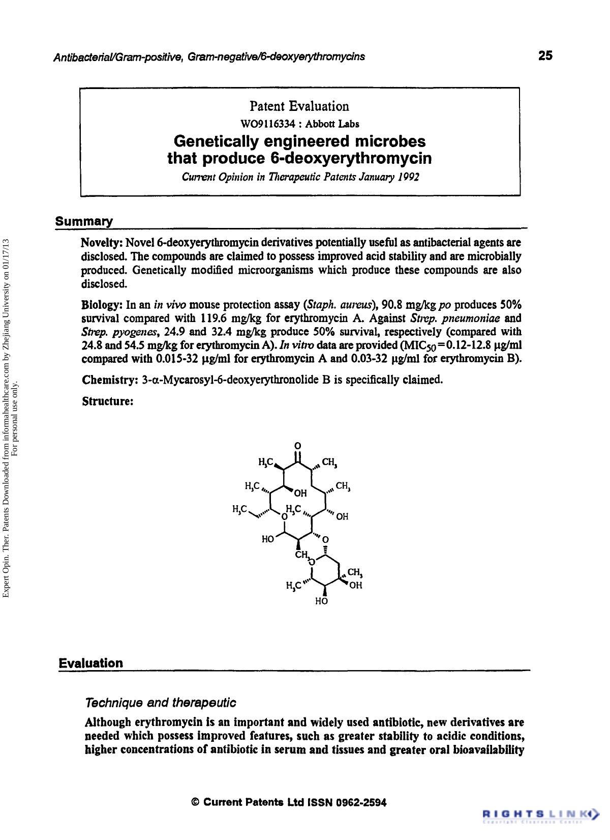 Patent Evaluation: Genetically Engineered Microbes that Produce 6-deoxyerythromycin by Unknown