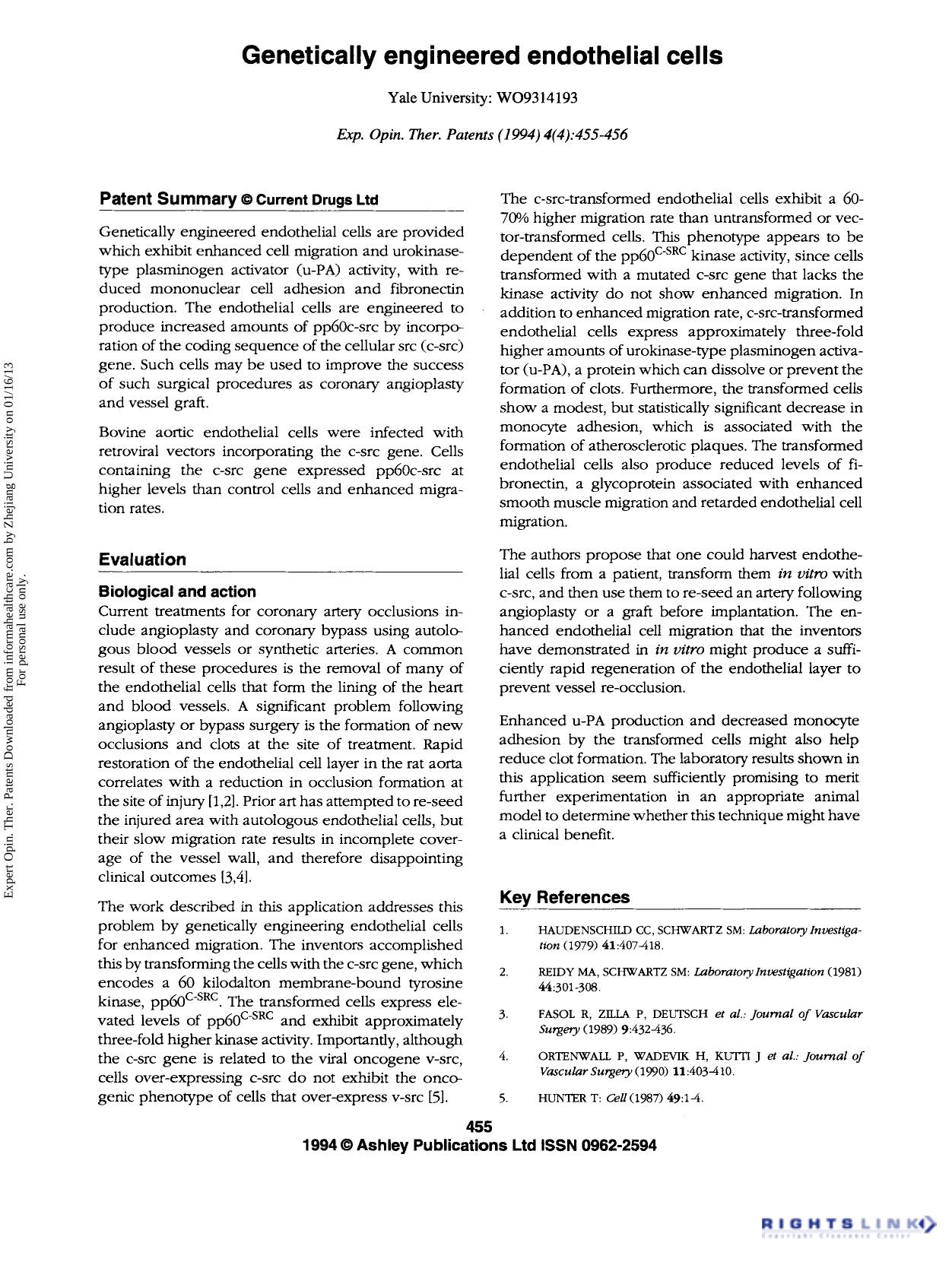Patent Evaluation: Genetically engineered endothelial cells by Unknown