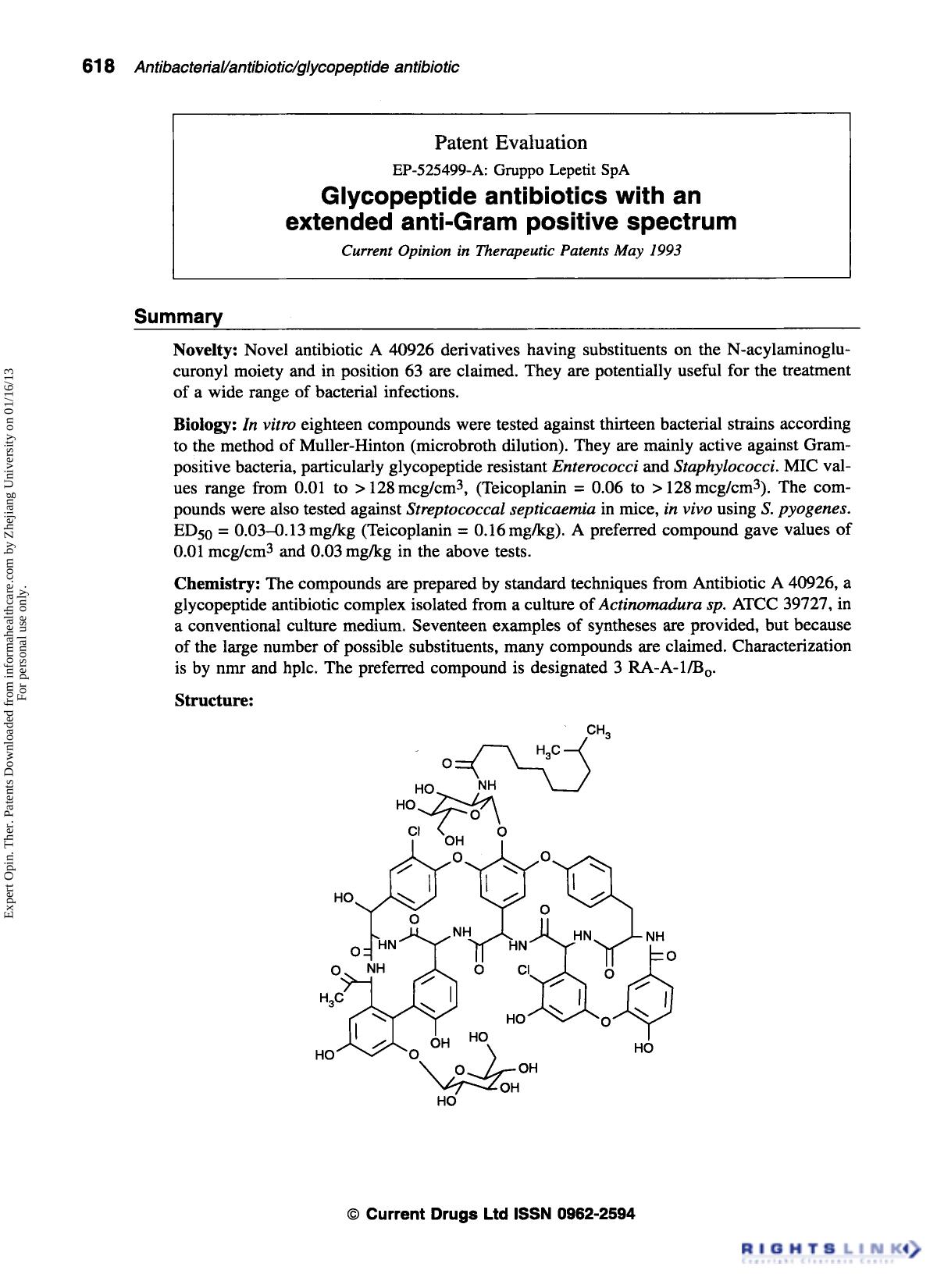 Patent Evaluation: Glycopeptide antibiotics with an extended anti-Gram positive spectrum by Unknown