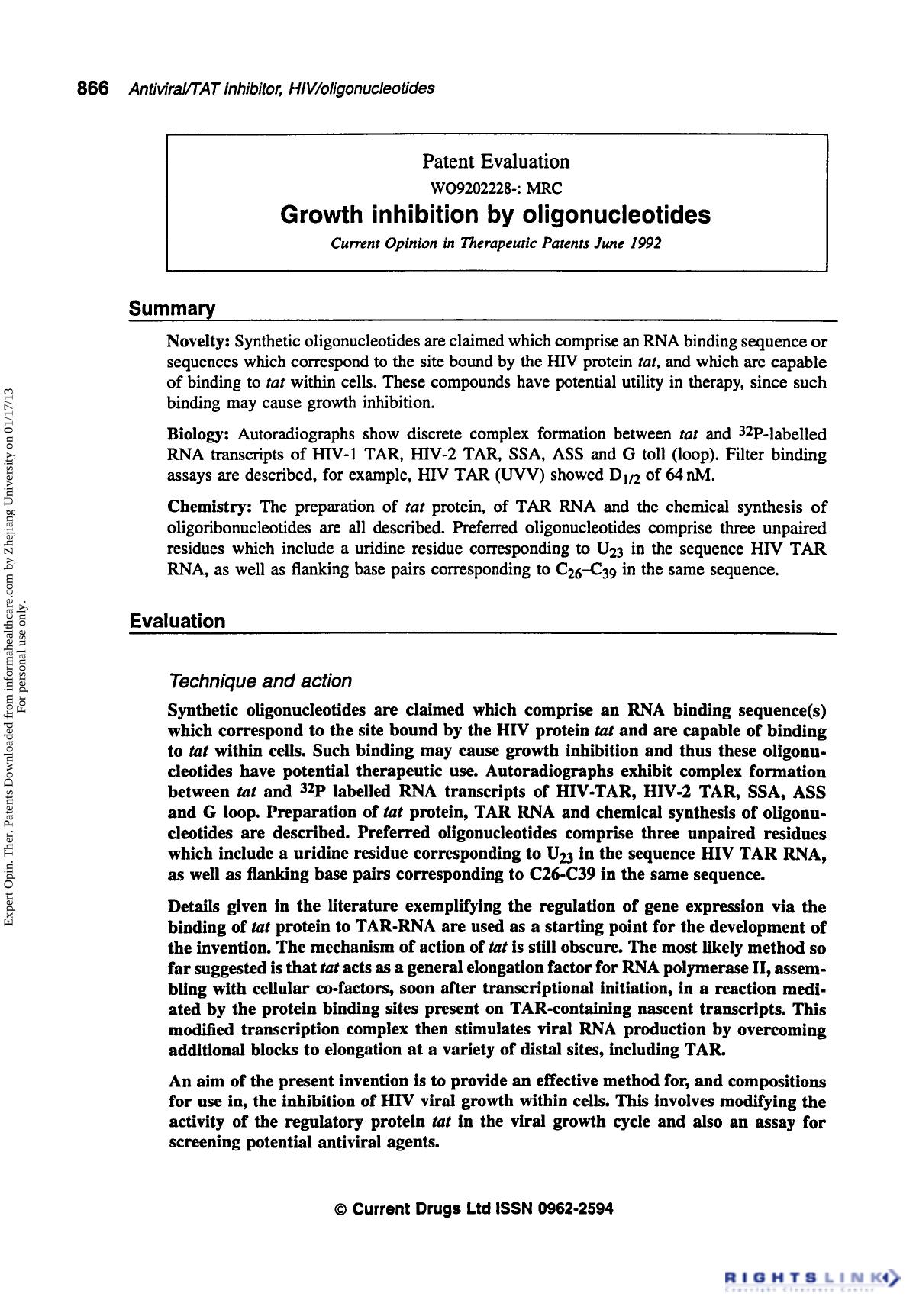 Patent Evaluation: Growth Inhibition by Oligonucleotides by Unknown