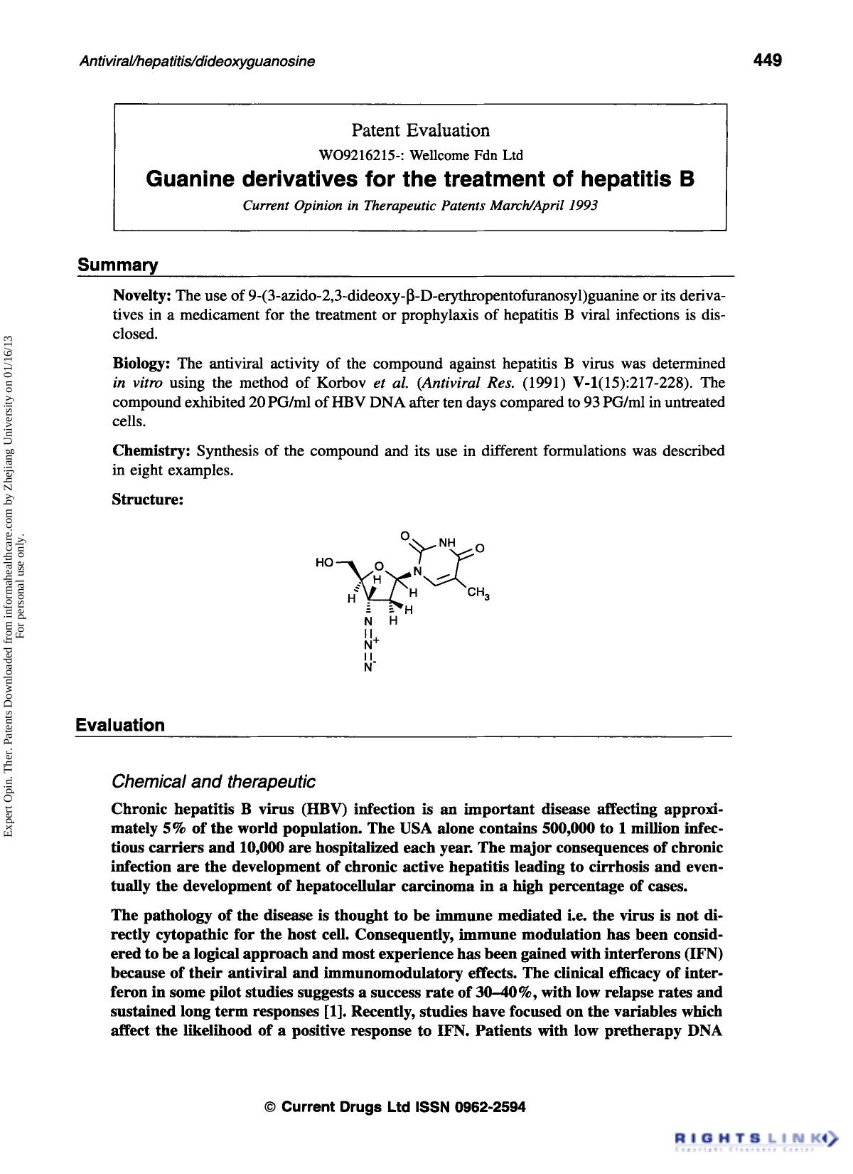 Patent Evaluation: Guanine derivatives for the treatment of hepatitis B by Unknown
