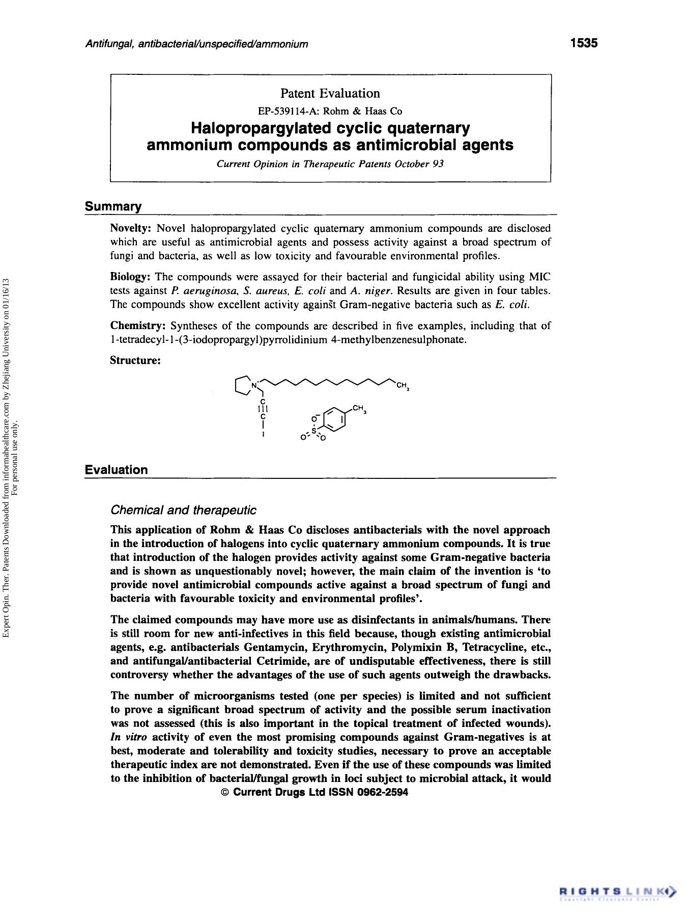 Patent Evaluation: Halopropargylated cyclic quaternary ammonium compounds as antimicrobial agents by Unknown