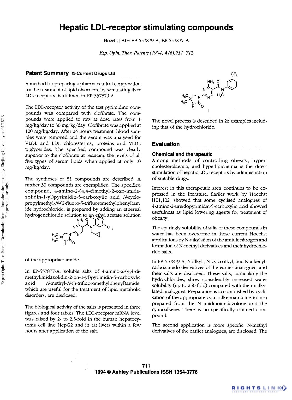 Patent Evaluation: Hepatic LDL-receptor stimulating compounds by Unknown