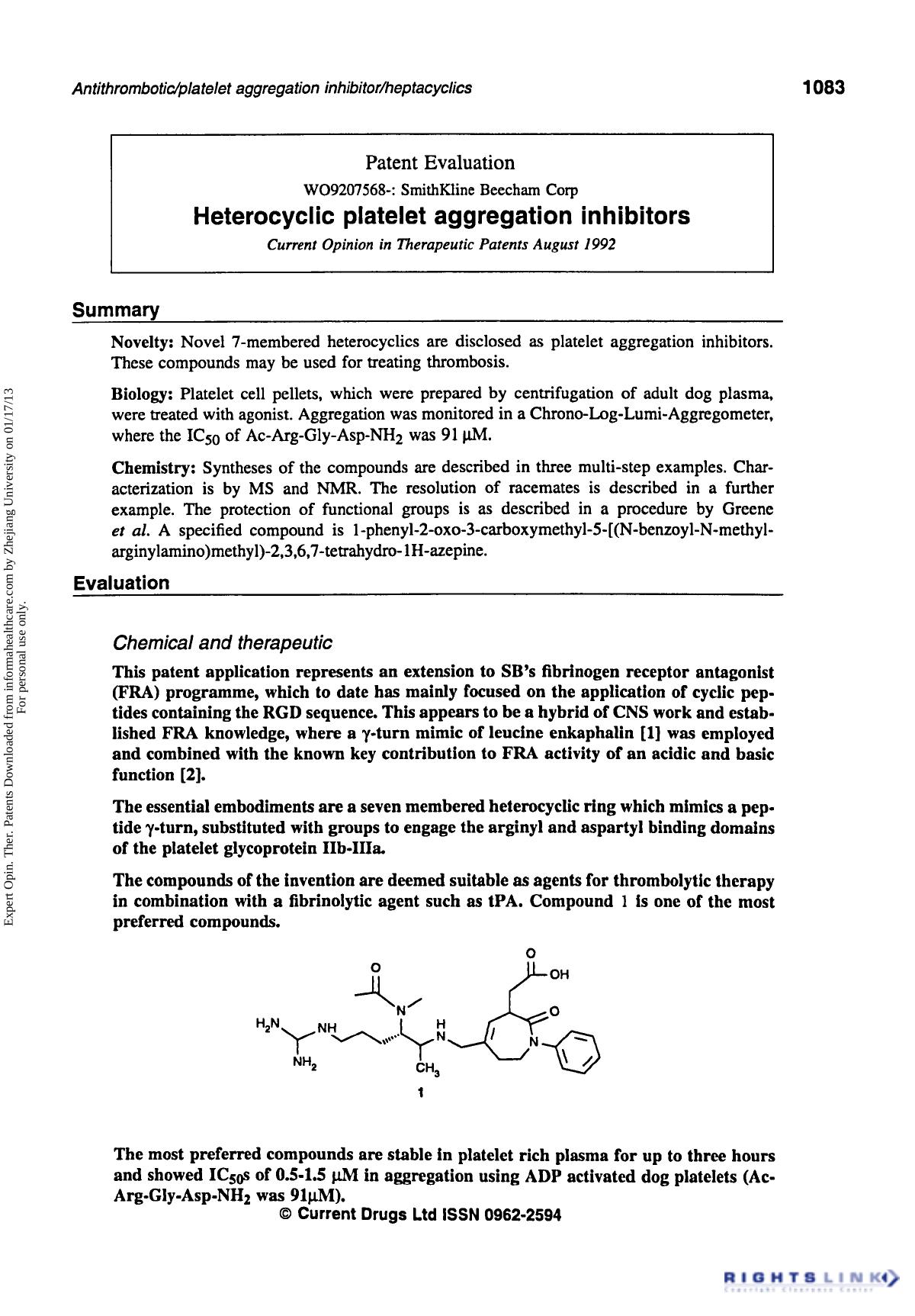 Patent Evaluation: Heterocyclic platelet aggregation inhibitors by Unknown