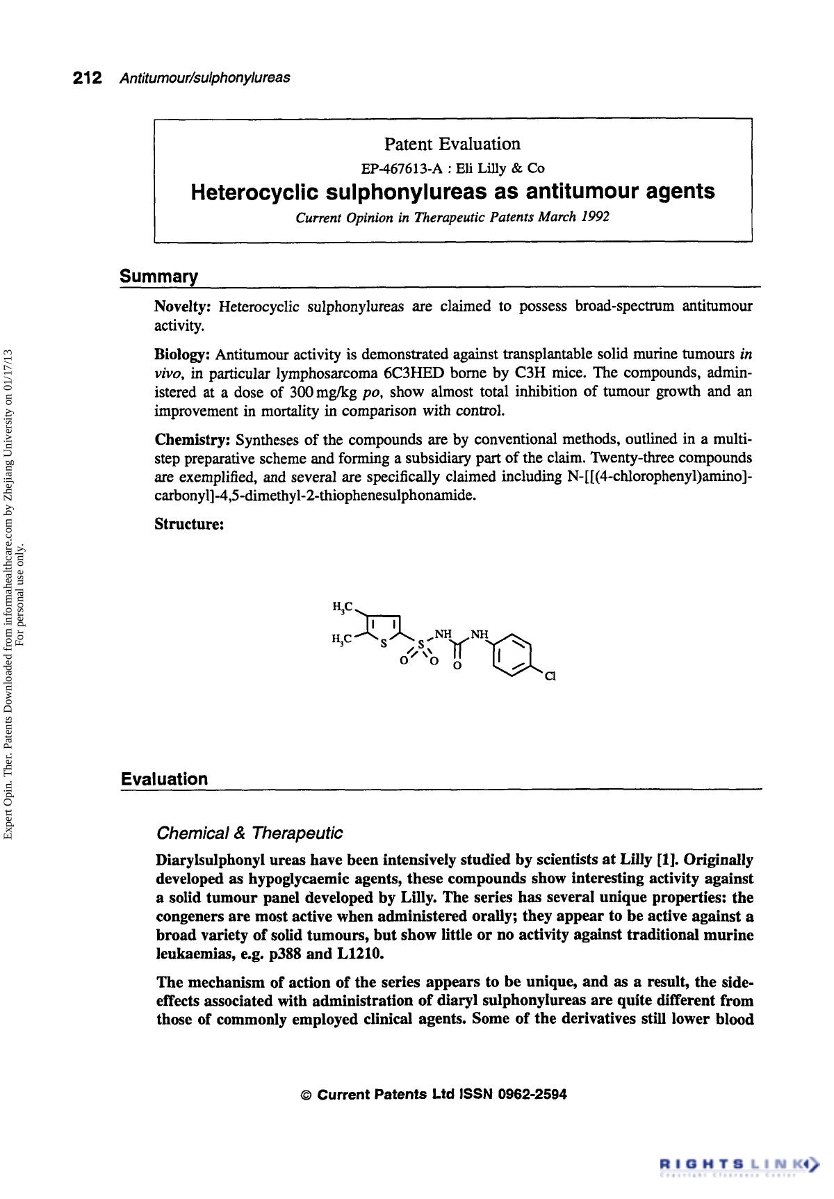 Patent Evaluation: Heterocyclic sulphonylureas as antitumour agents by Unknown