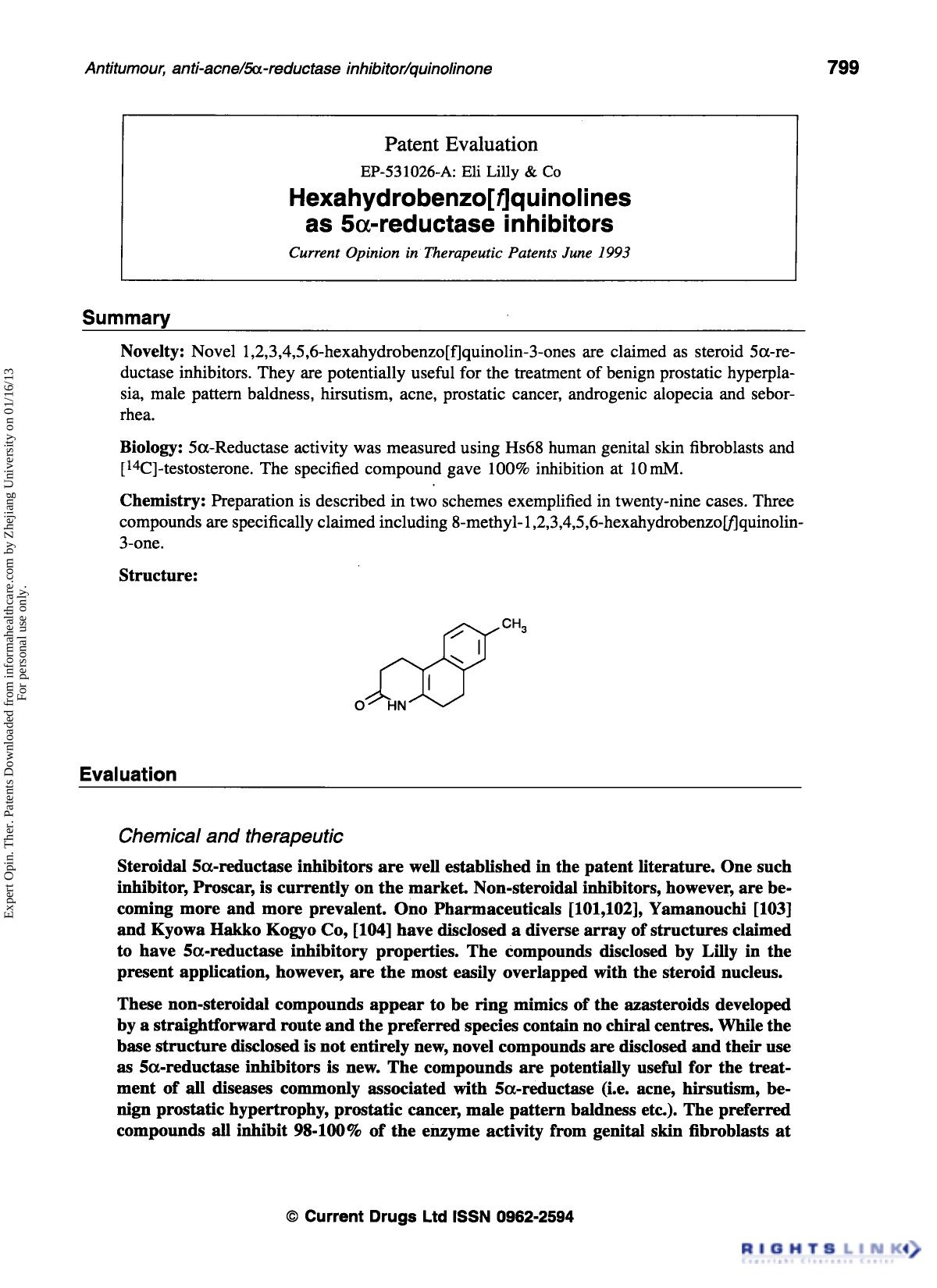 Patent Evaluation: Hexahydrobenzo[f]quinolines as 5α-reductase inhibitors by Unknown