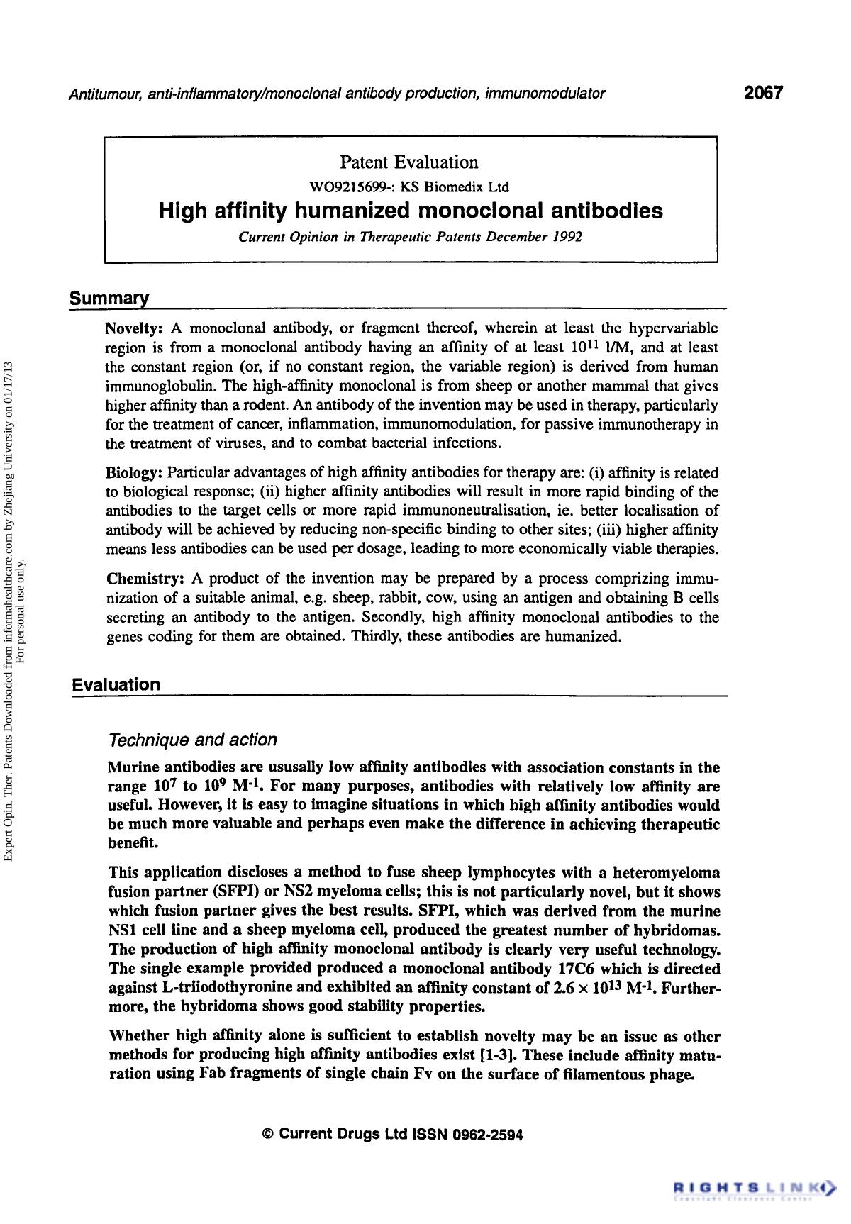 Patent Evaluation: High Affinity Humanized Monoclonal Antibodies by Unknown