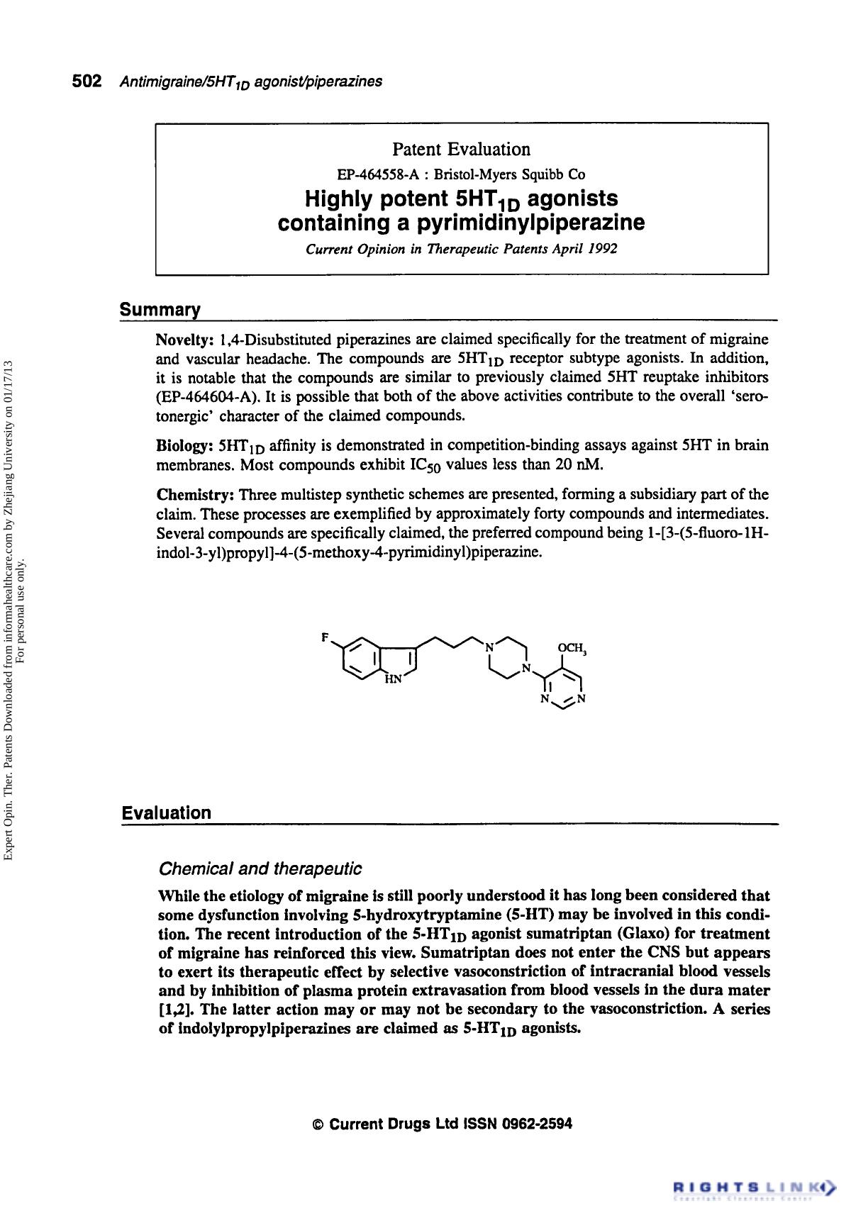 Patent Evaluation: Highly Potent 5HT1D Agonists Containing a Pyrimidinylpiperazine by Unknown
