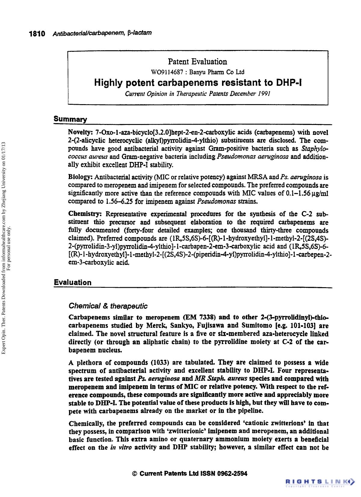 Patent Evaluation: Highly Potent Carbapenems Resistant to DHP-I by Unknown