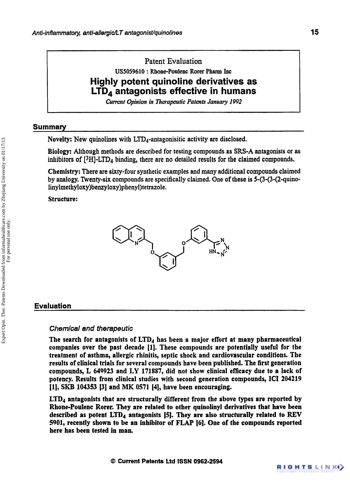 Patent Evaluation: Highly Potent Quinoline Derivatives as LTD4 Antagonists Effective in Humans by Unknown