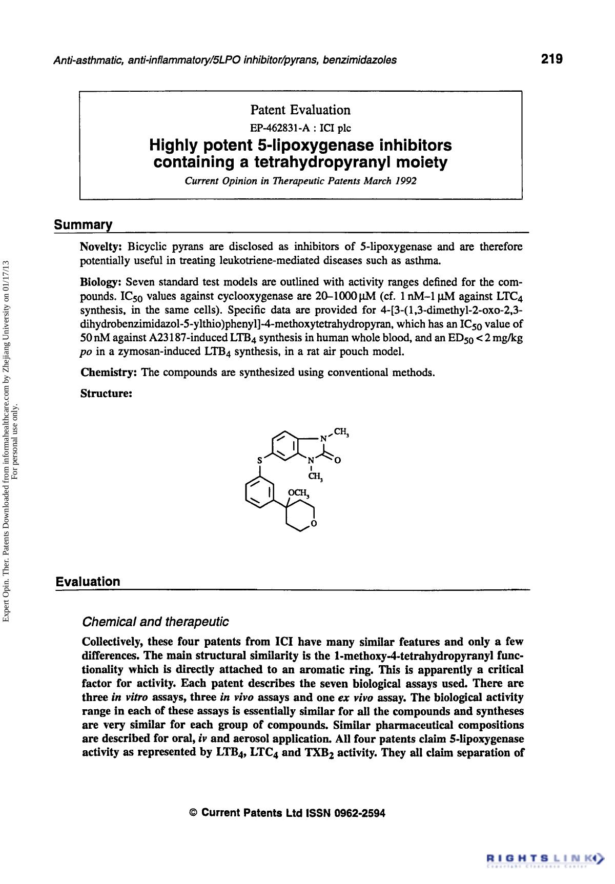 Patent Evaluation: Highly potent 5-lipoxygenase inhibitors containing a tetrahydropyranyl moiety by Unknown
