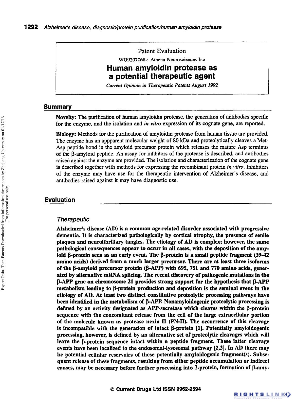 Patent Evaluation: Human Amyloidin Protease as a Potential Therapeutic Agent by Unknown