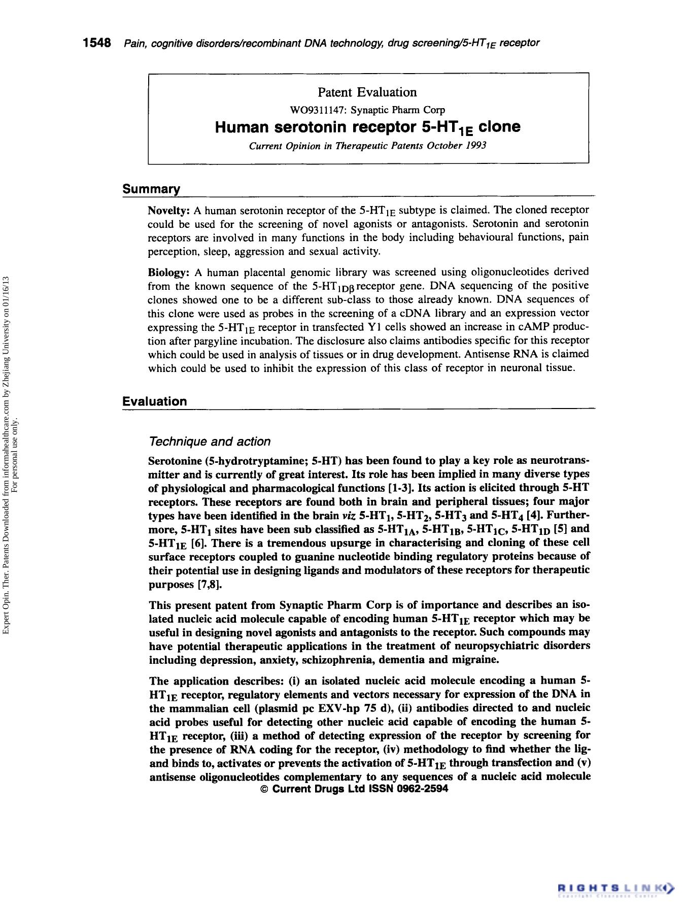 Patent Evaluation: Human serotonin receptor 5-HTIE clone by Unknown