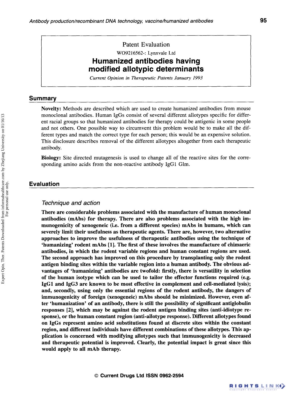 Patent Evaluation: Humanized antibodies having modified allotypic determinants by Unknown
