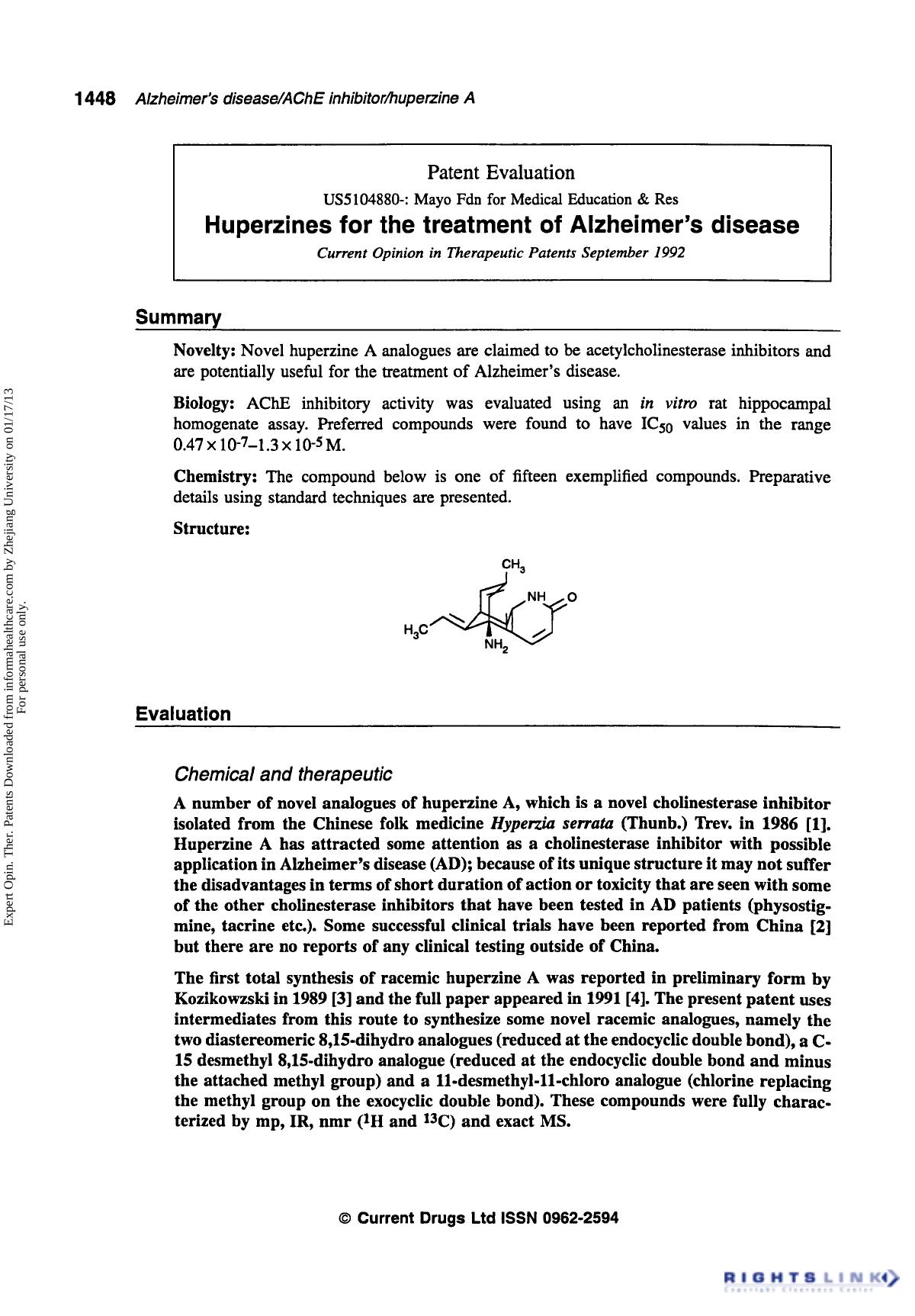 Patent Evaluation: Huperzines for the Treatment of Alzheimer's Disease by Unknown
