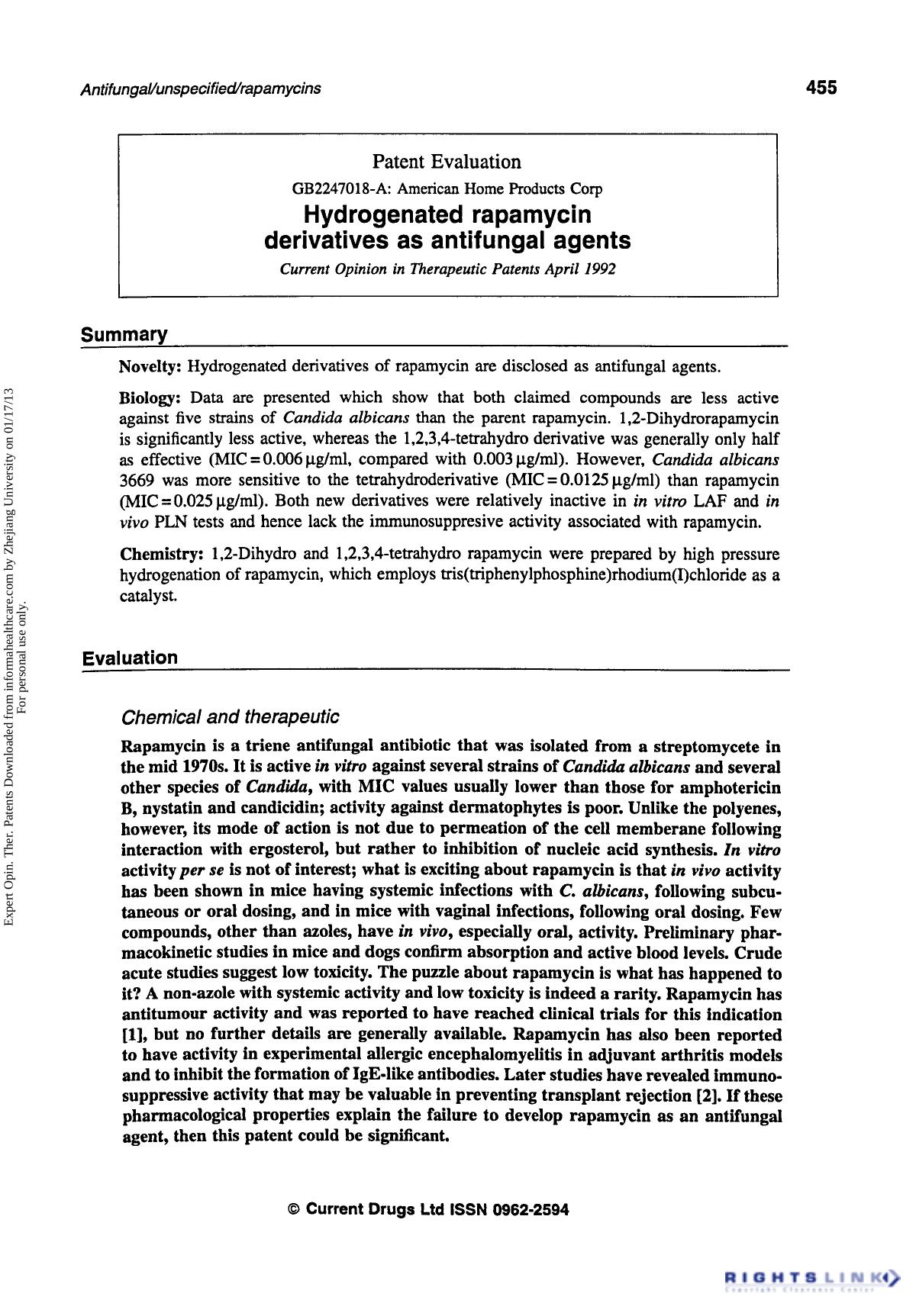 Patent Evaluation: Hydrogenated Rapamycin Derivatives as Antifungal Agents by Unknown