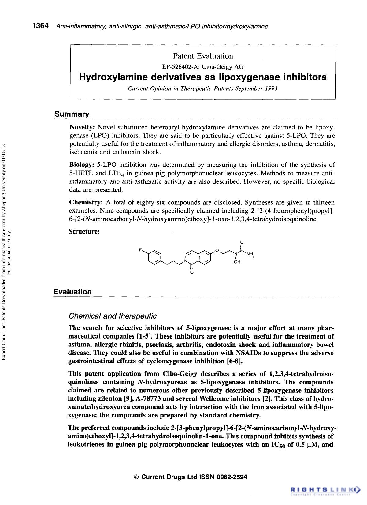 Patent Evaluation: Hydroxylamine derivatives as lipoxygenase inhibitors by Unknown