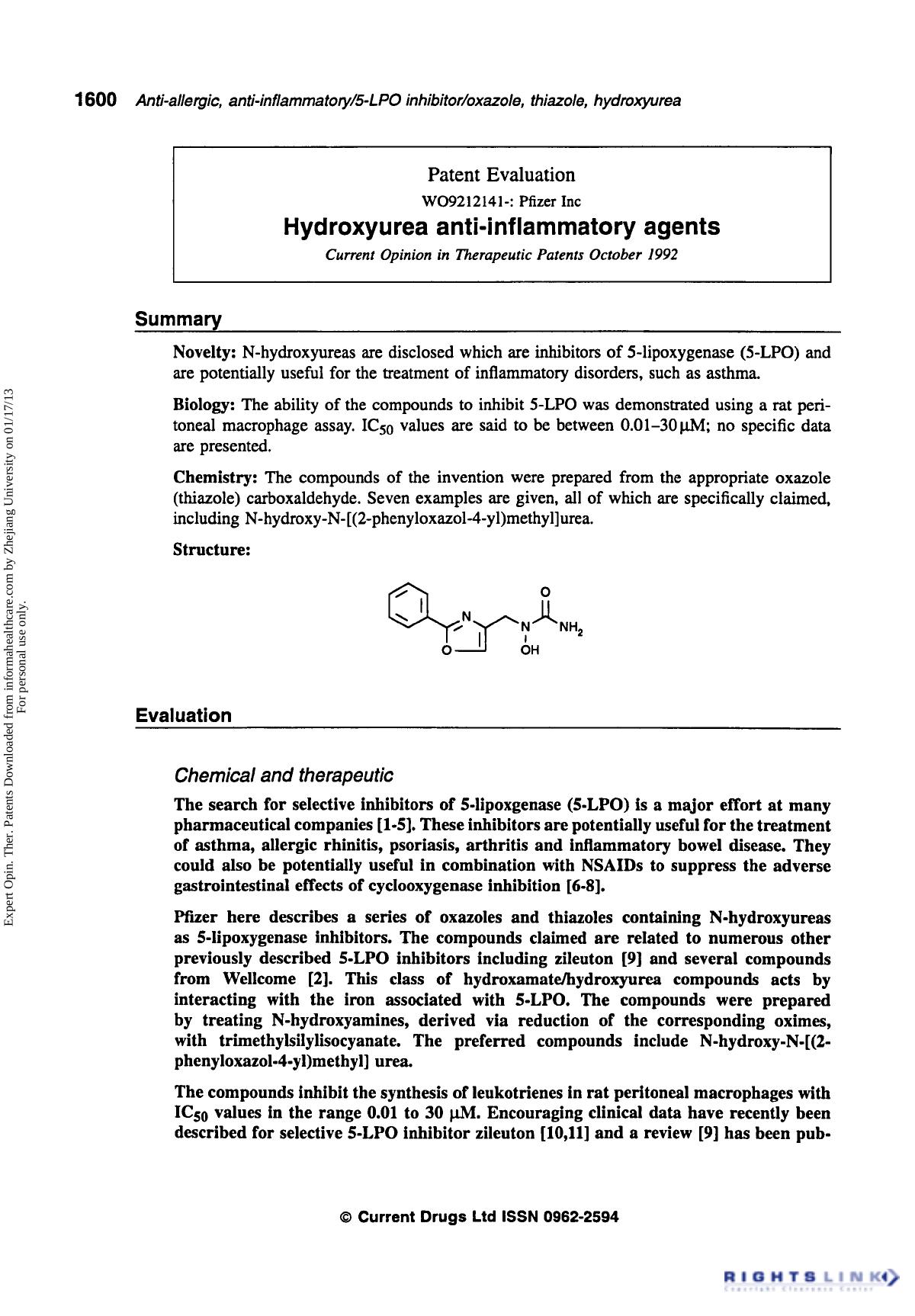 Patent Evaluation: Hydroxyurea Anti-Inflammatory Agents by Unknown