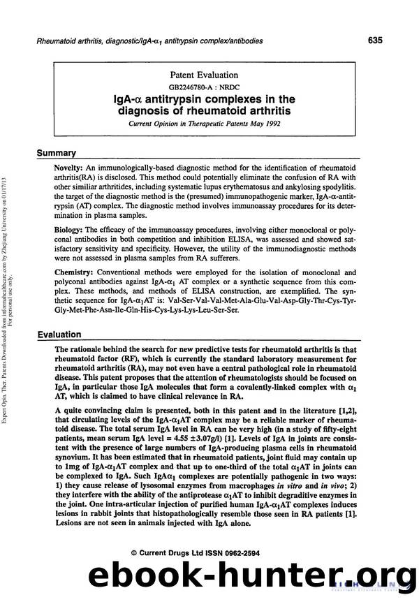 Patent Evaluation: IgA-Î± Antitrypsin Complexes in the Diagnosis of Rheumatoid Arthritis by Unknown
