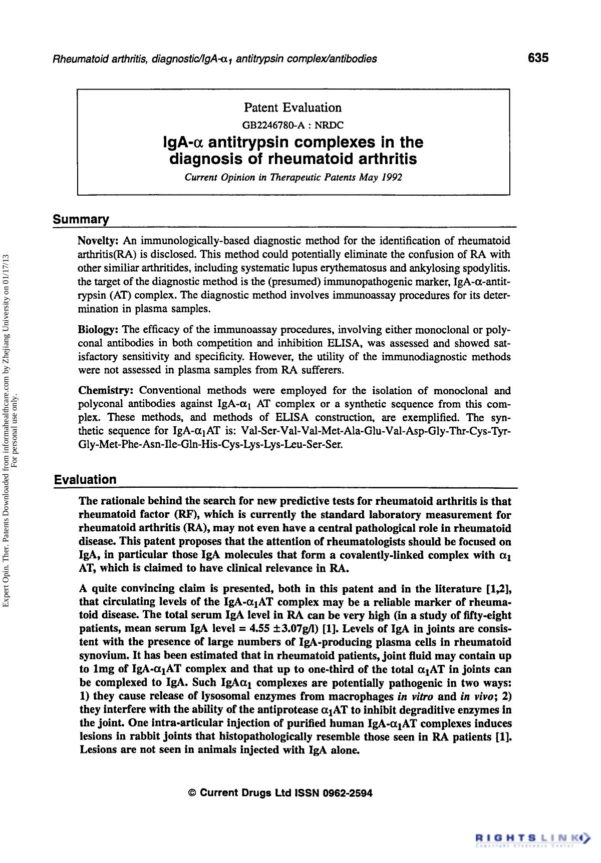 Patent Evaluation: IgA-α Antitrypsin Complexes in the Diagnosis of Rheumatoid Arthritis by Unknown