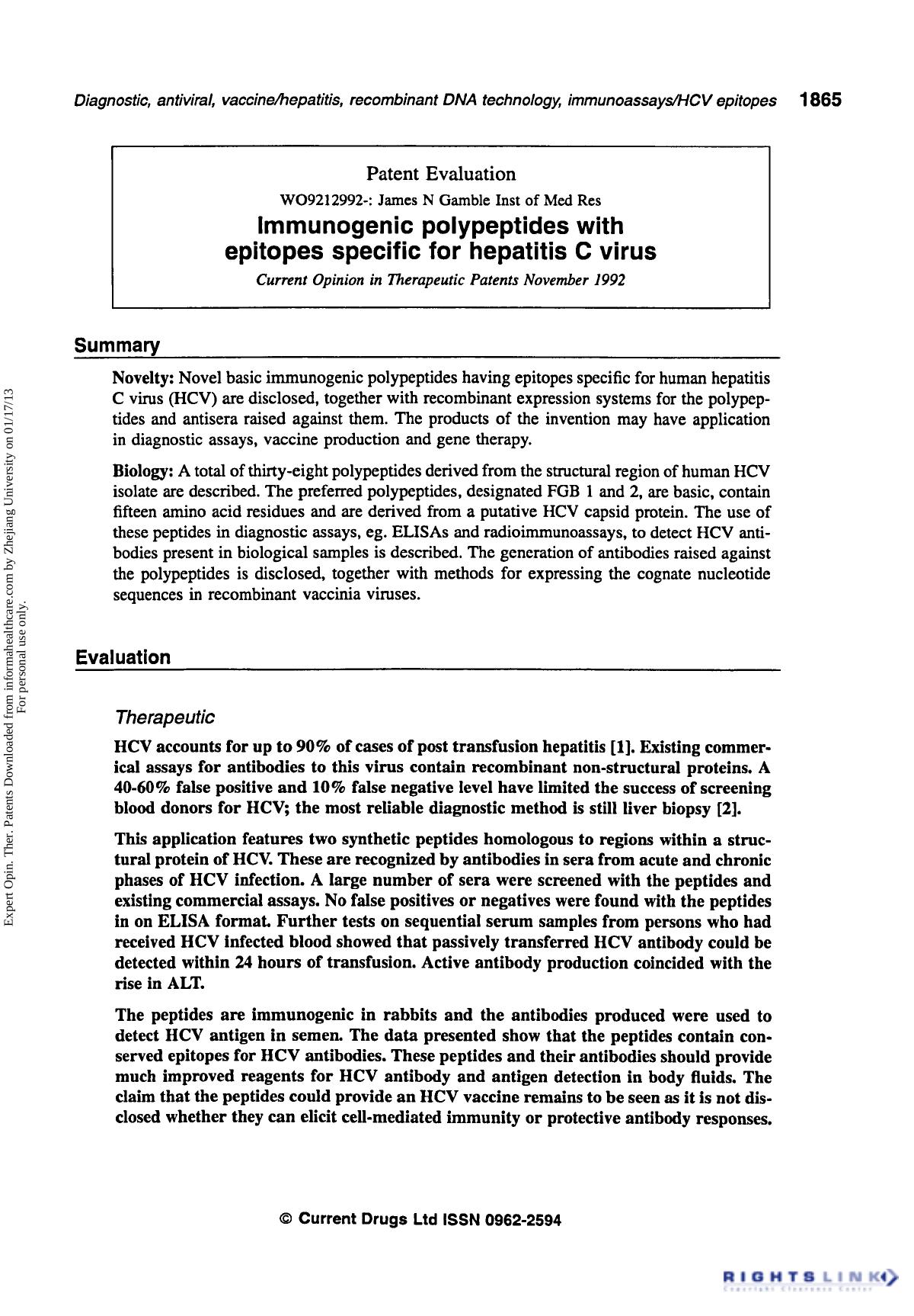 Patent Evaluation: Immunogenic Polypeptides with Epitopes Specific for Hepatitis C Virus by Unknown