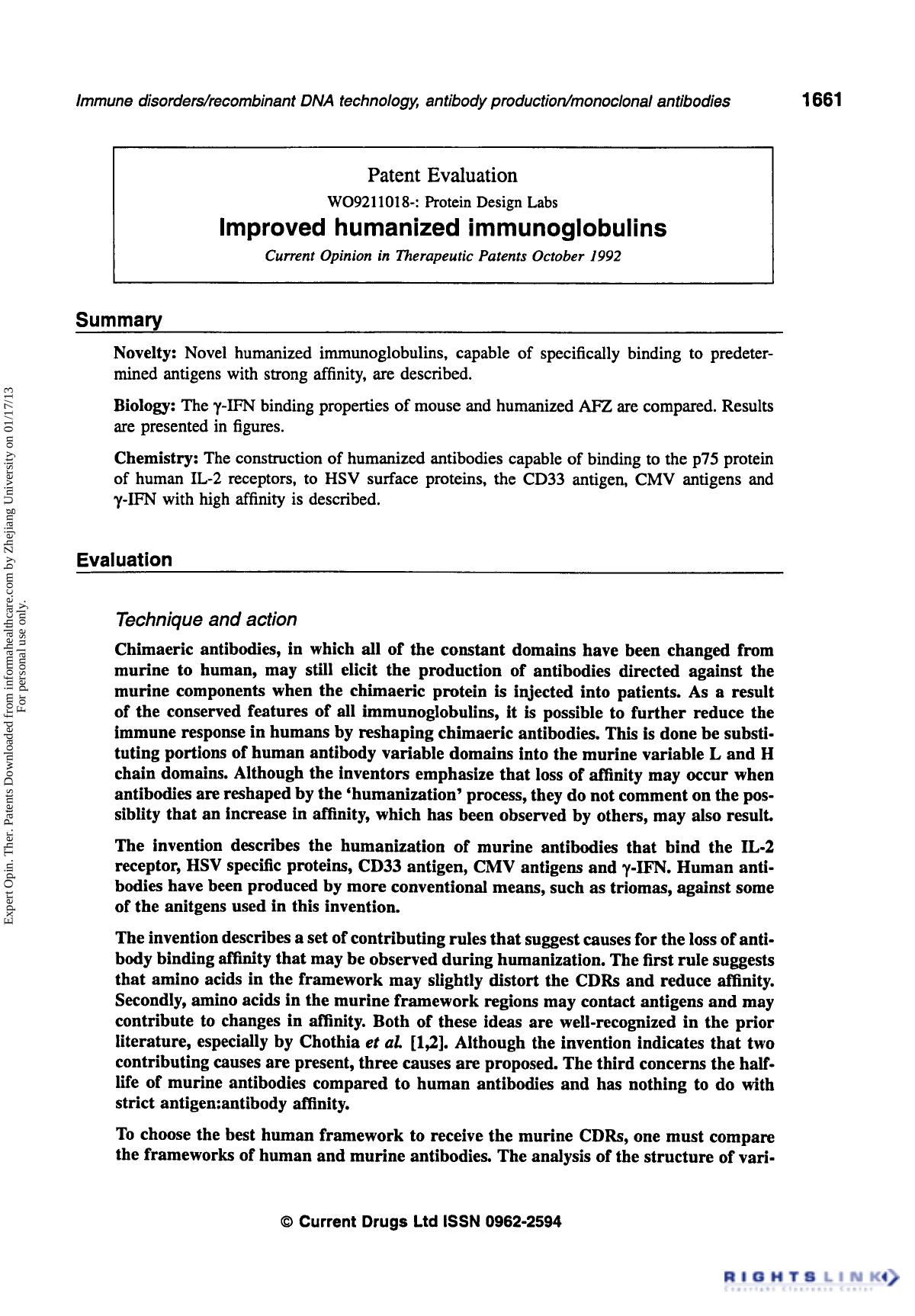Patent Evaluation: Improved Humanized Immunoglobulins by Unknown