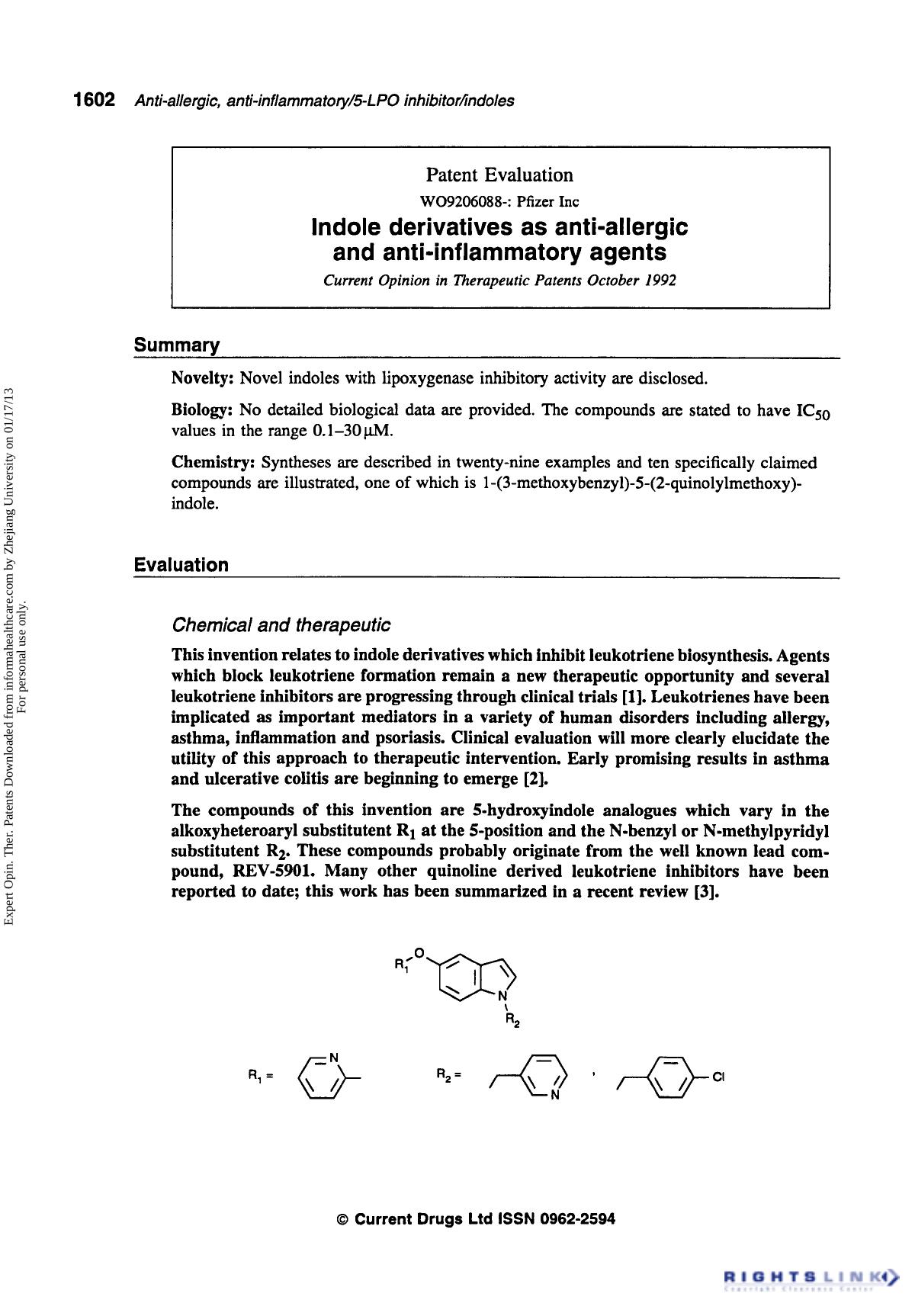 Patent Evaluation: Indole Derivatives as Anti-Allergic and Anti-Inflammatory Agents by Unknown