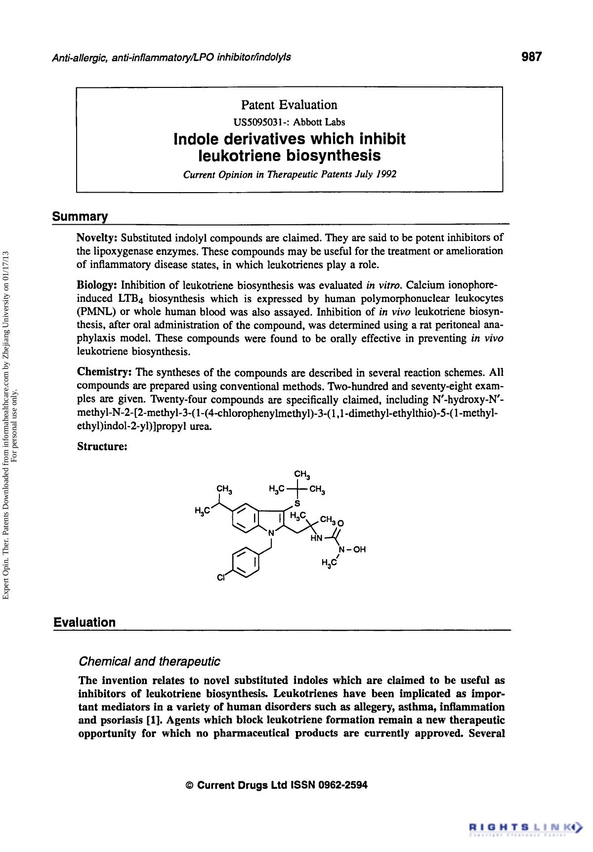 Patent Evaluation: Indole Derivatives which Inhibit Leukotriene Biosynthesis by Unknown