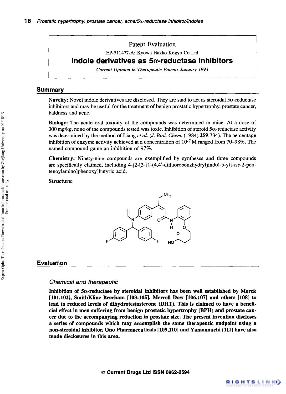 Patent Evaluation: Indole derivatives as 5α-reductase inhibitors by Unknown
