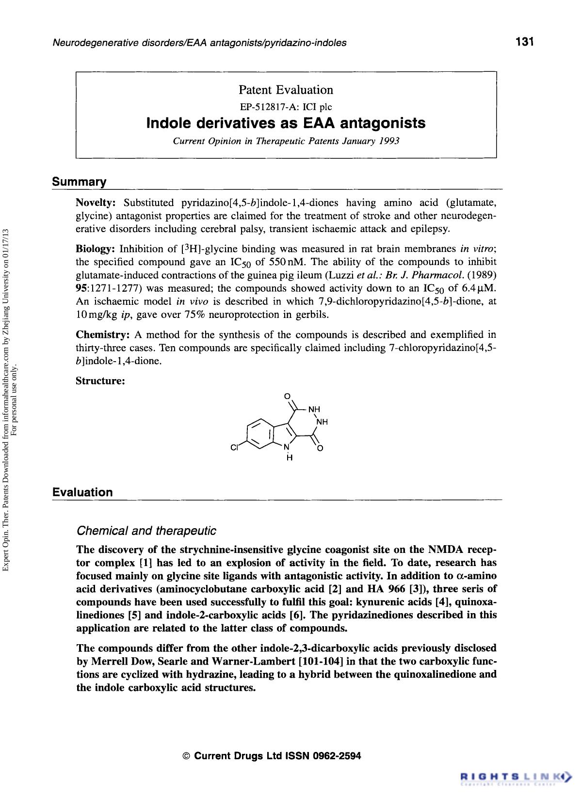 Patent Evaluation: Indole derivatives as EAA antagonists by Unknown