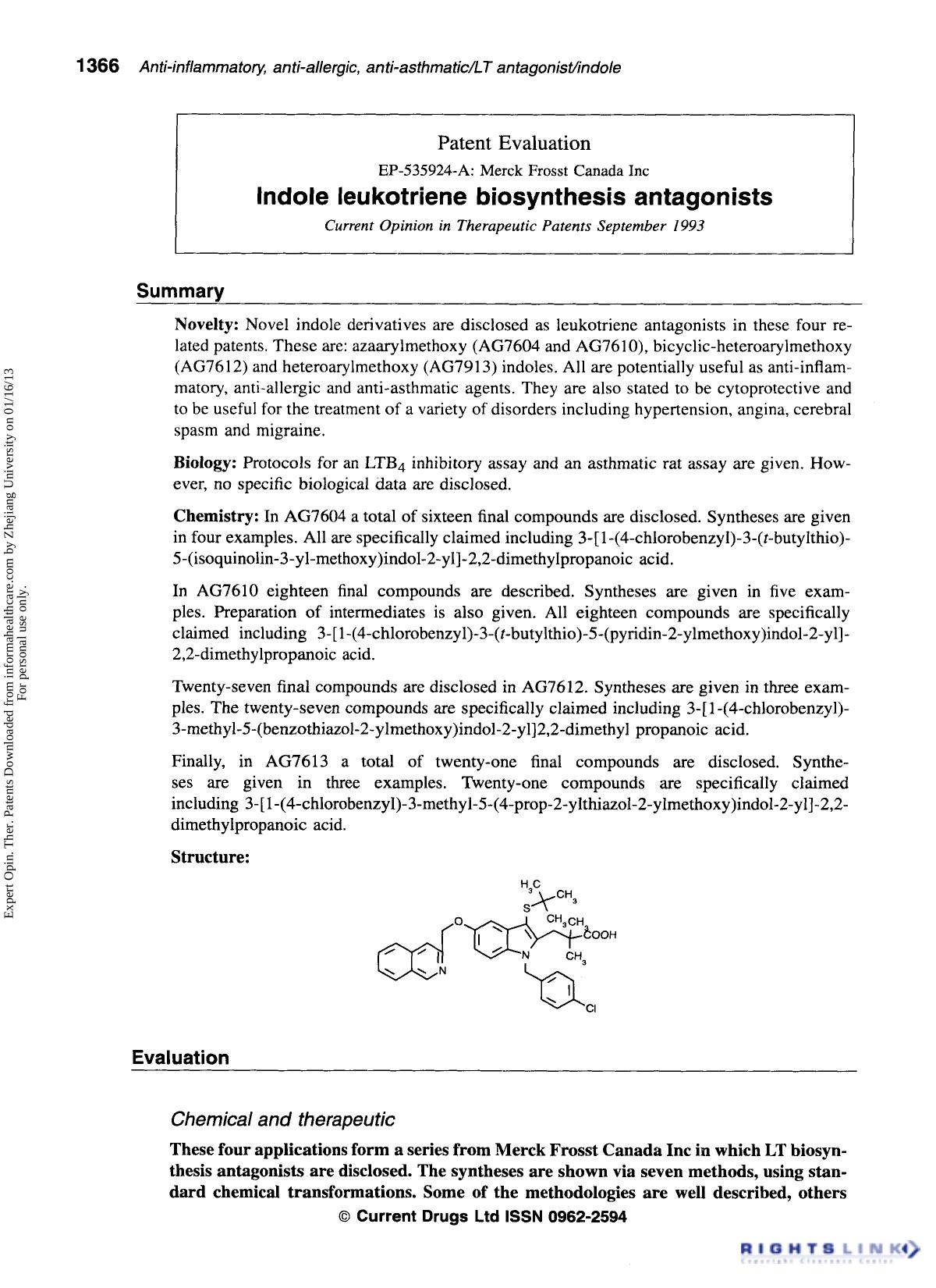 Patent Evaluation: Indole leukotriene biosynthesis antagonists by Unknown
